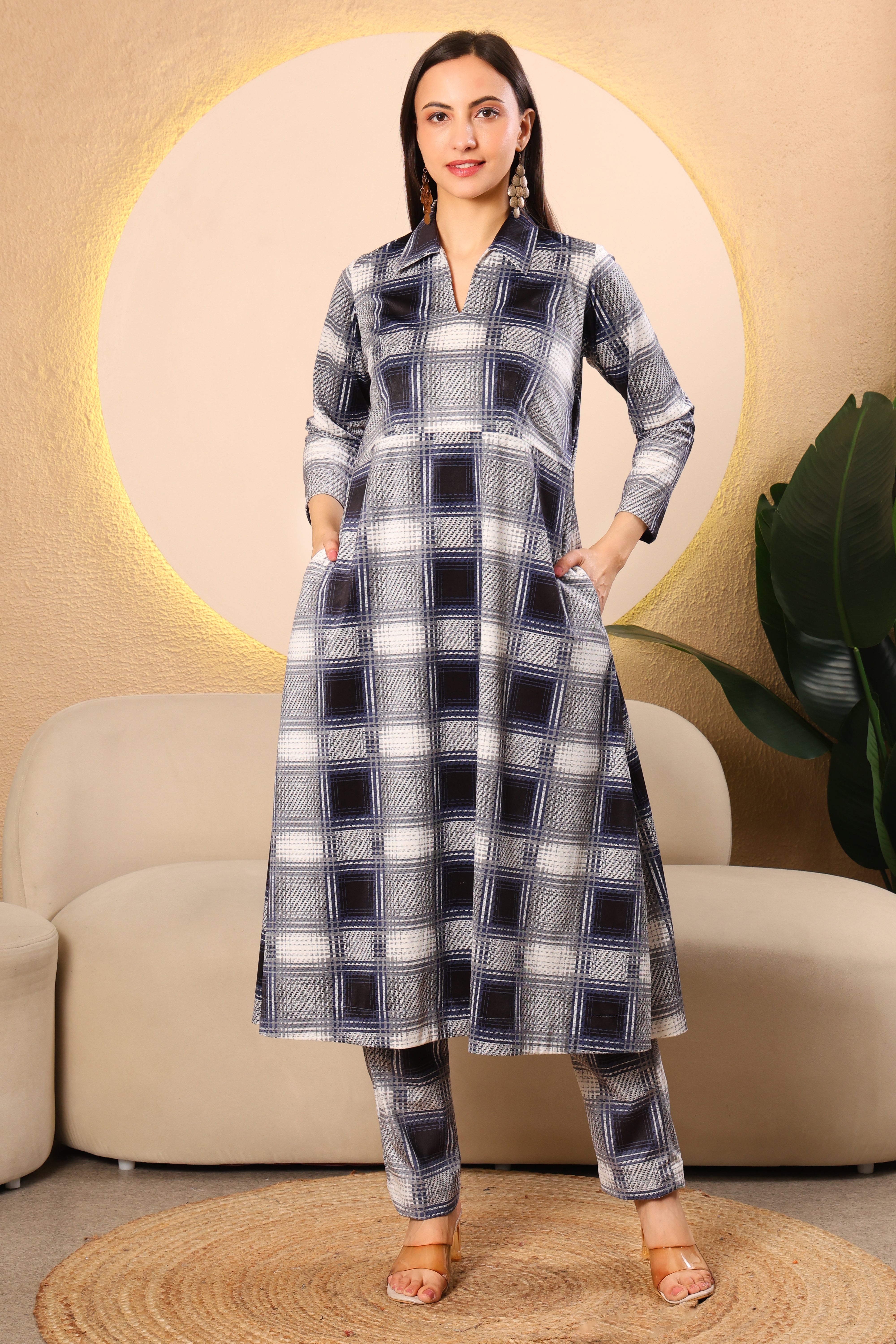 Black & Grey Checked Kurta Set