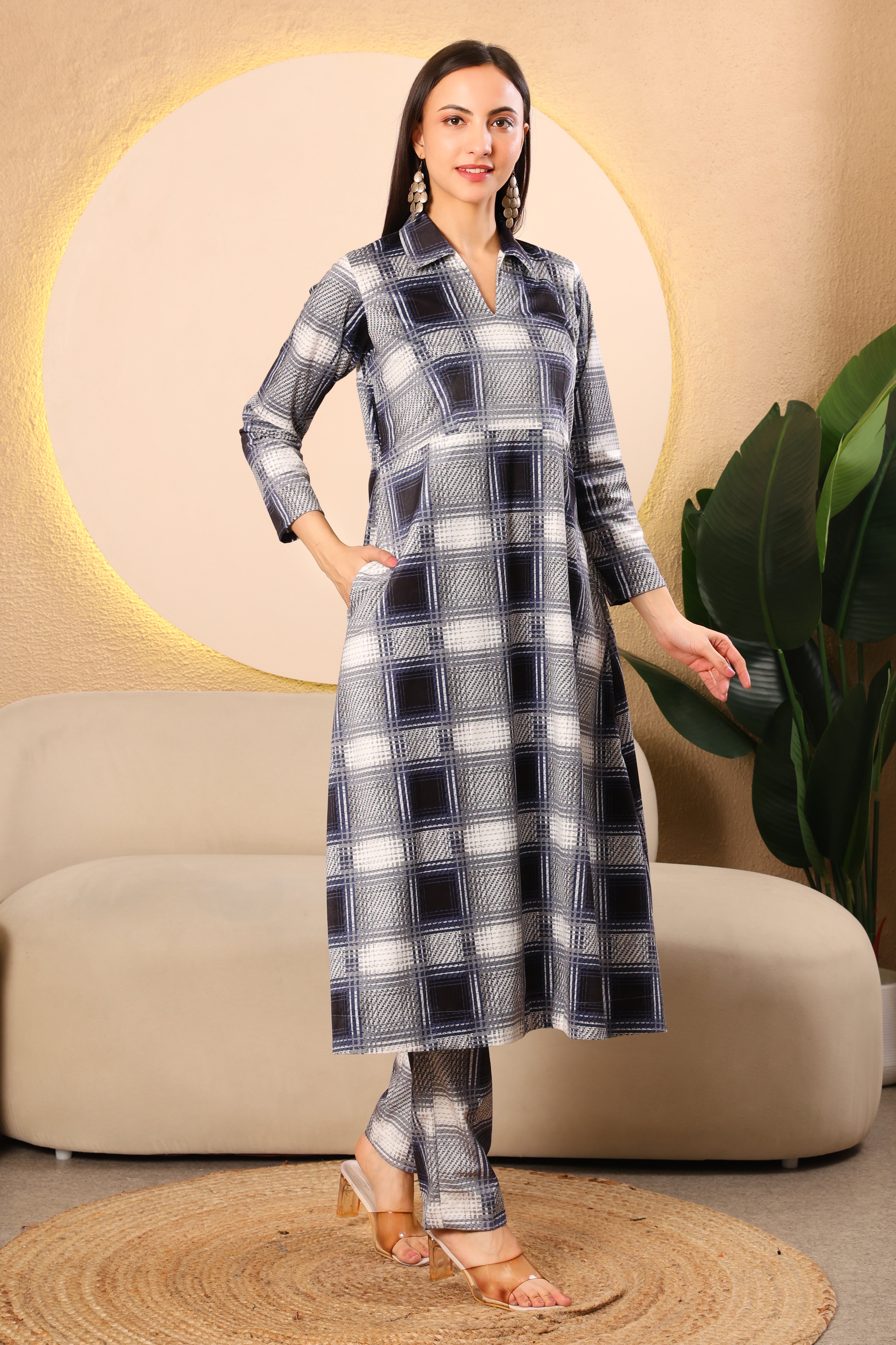 Black & Grey Checked Kurta Set