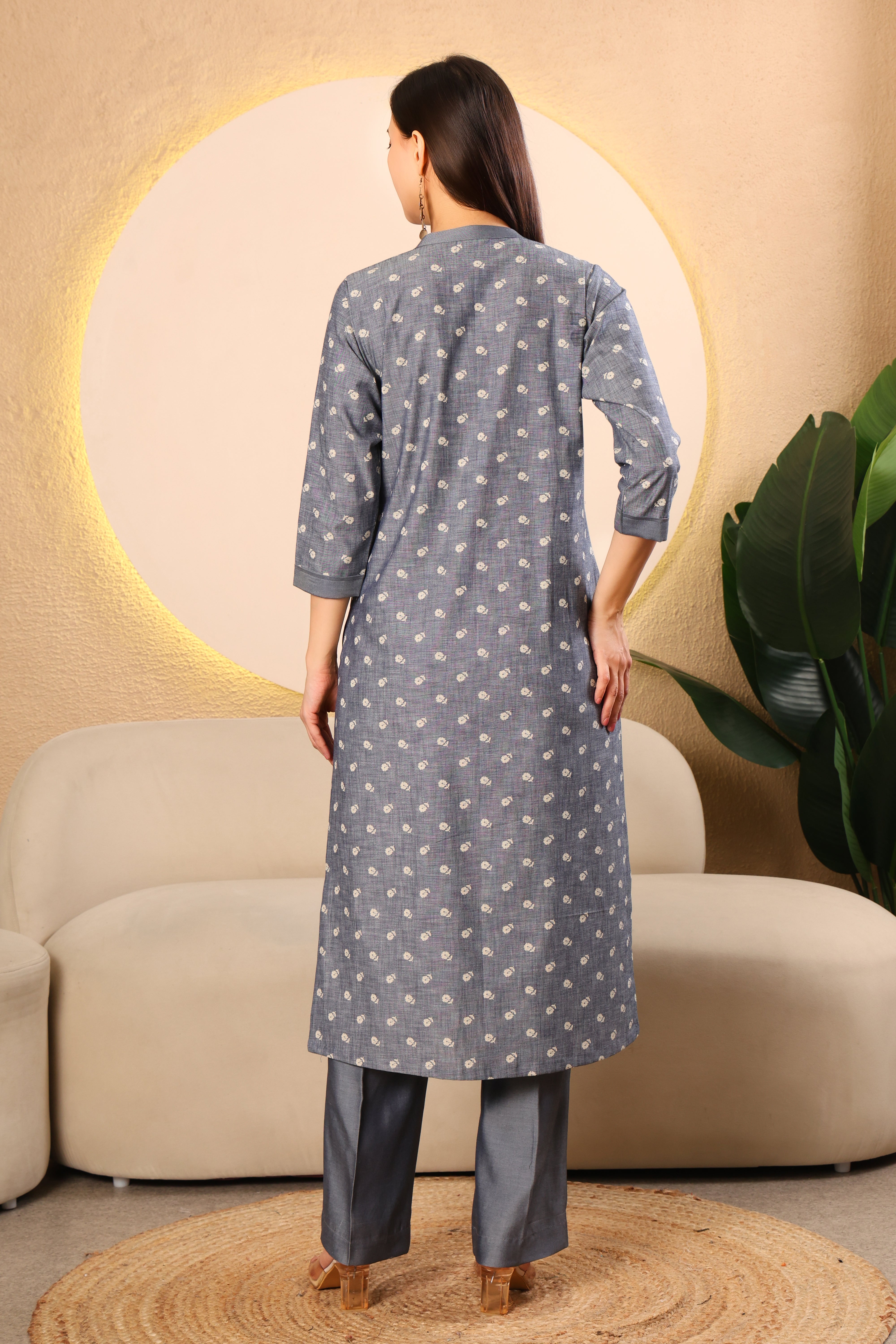 Grey Printed Denim Kurta Set