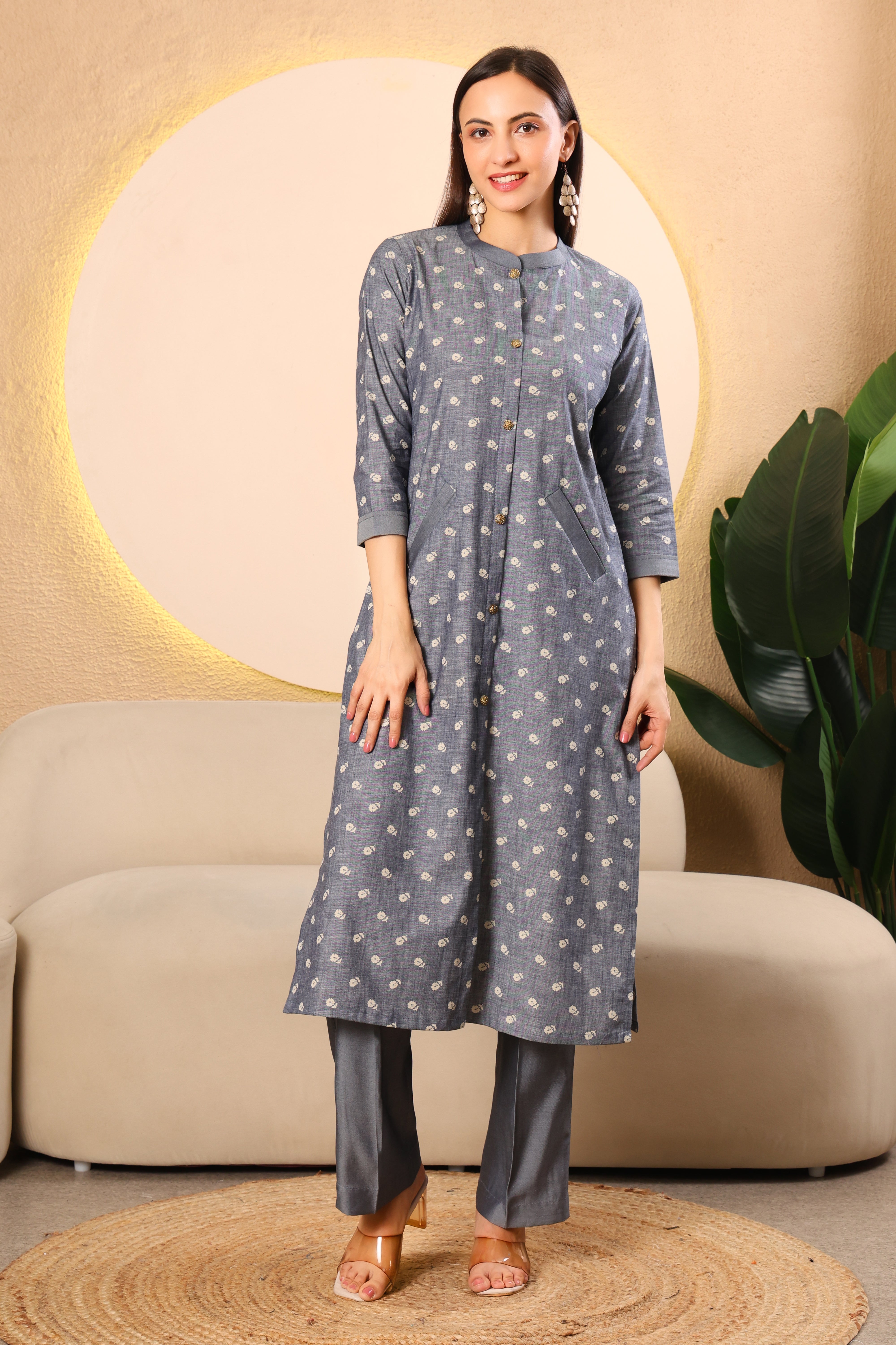 Grey Printed Denim Kurta Set