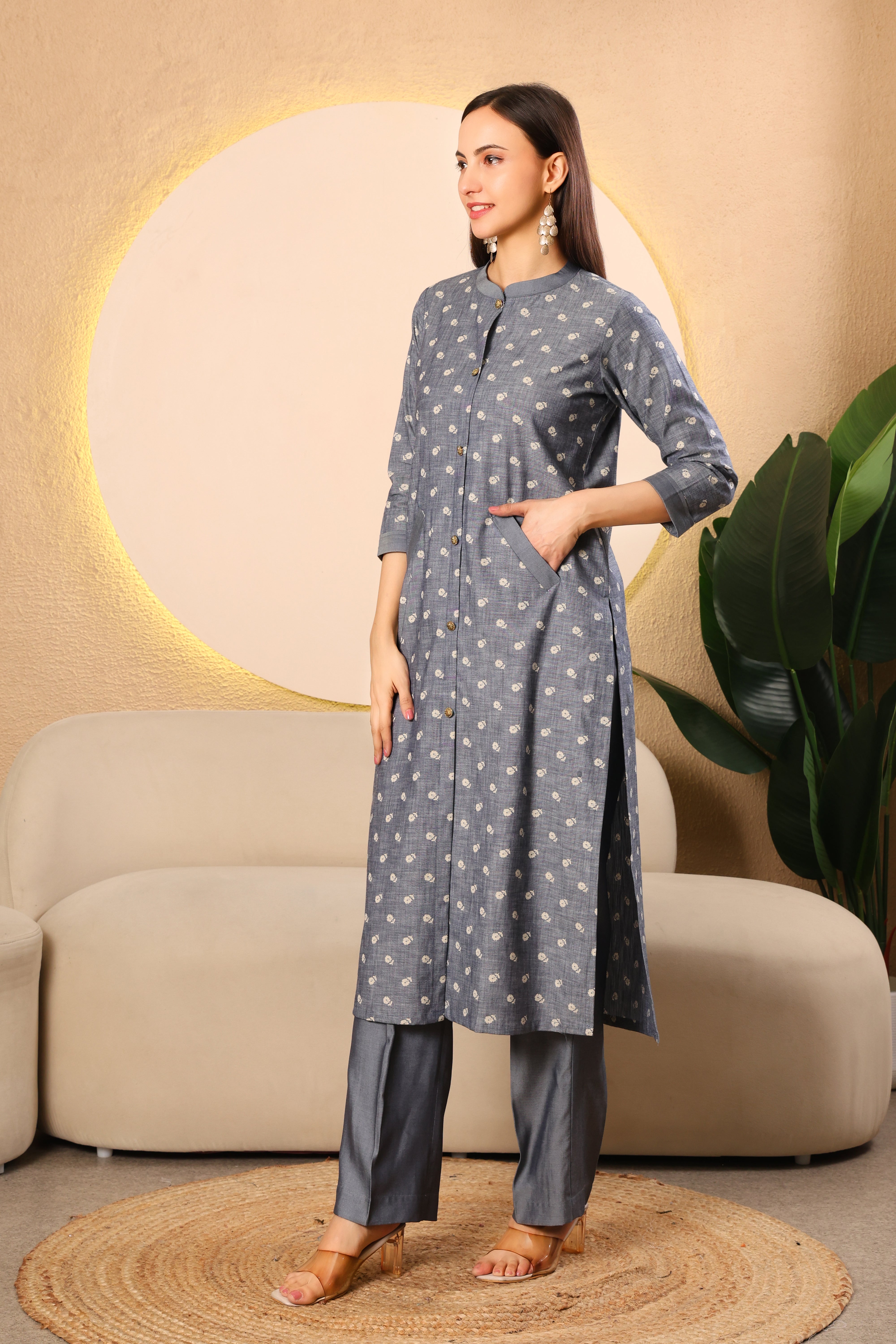 Grey Printed Denim Kurta Set