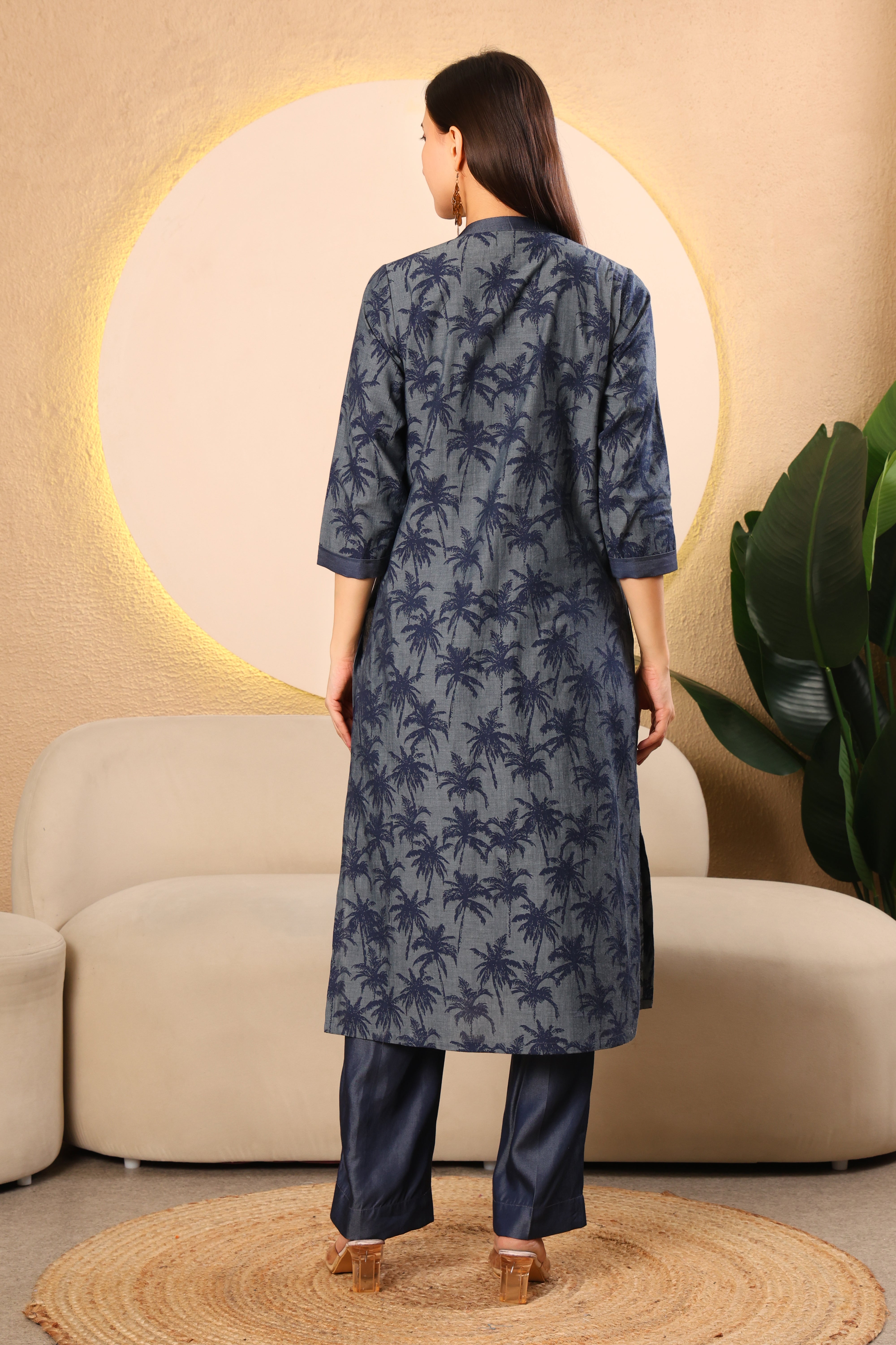 Navy Printed Denim Kurta Set