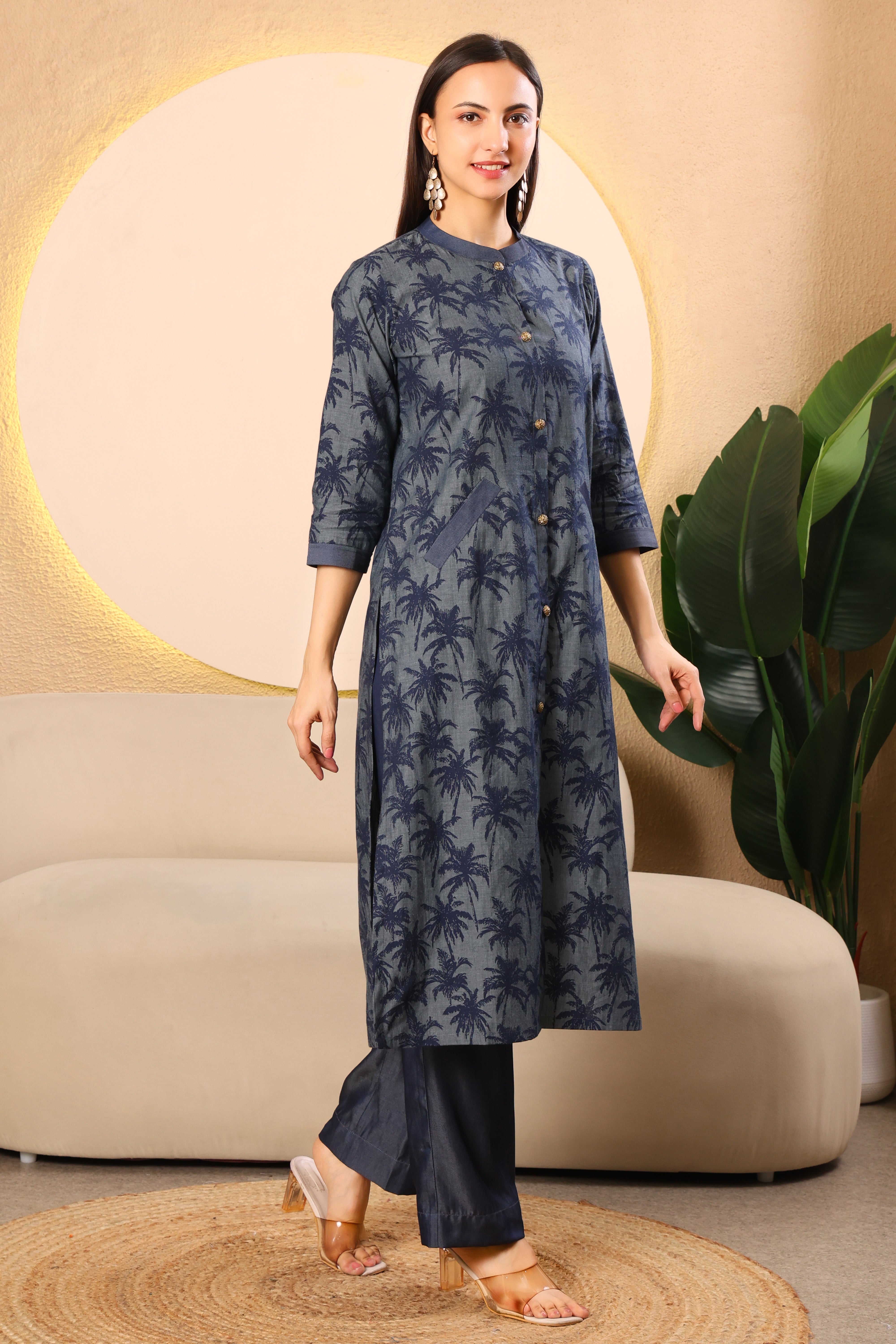 Navy Printed Denim Kurta Set