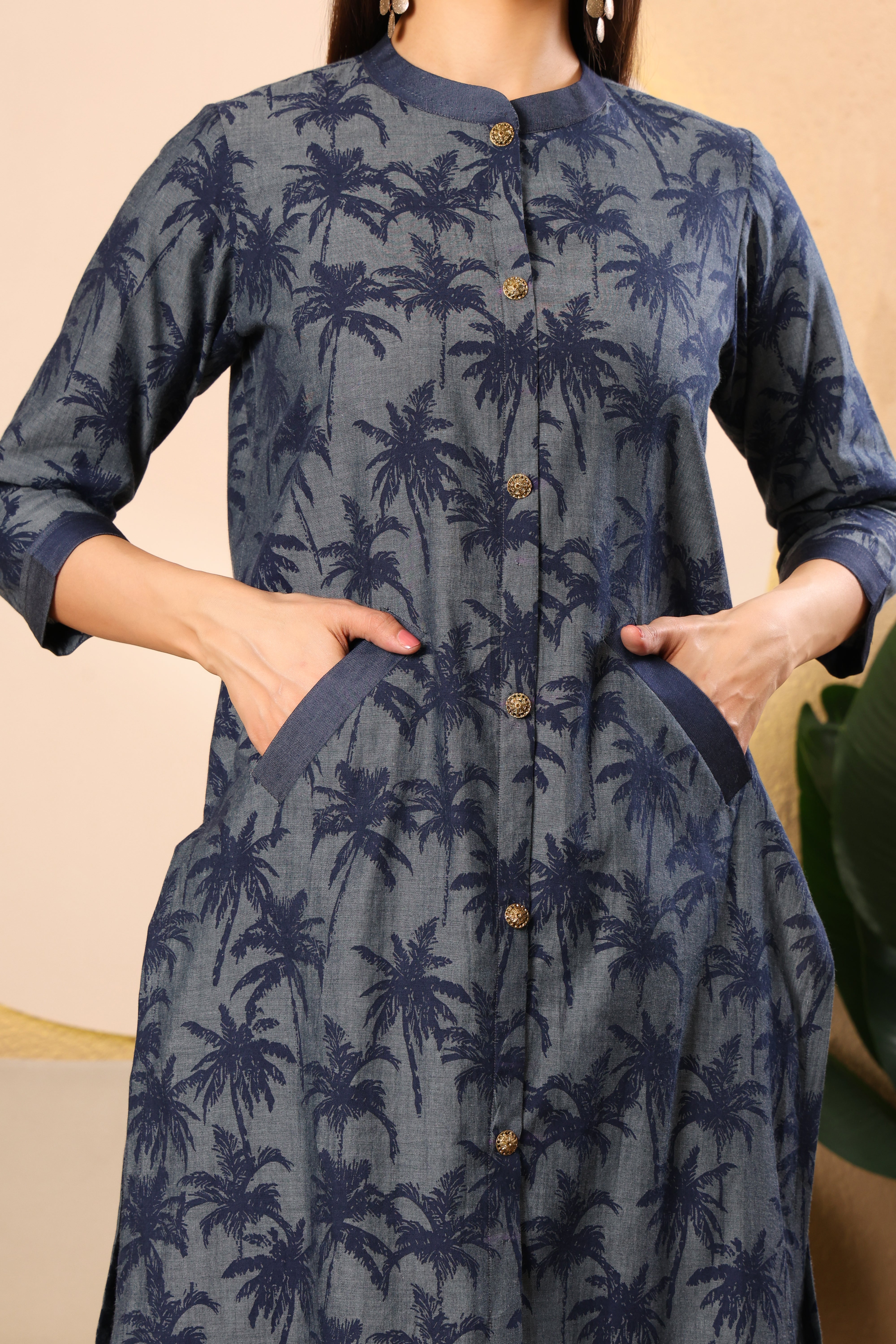 Navy Printed Denim Kurta Set