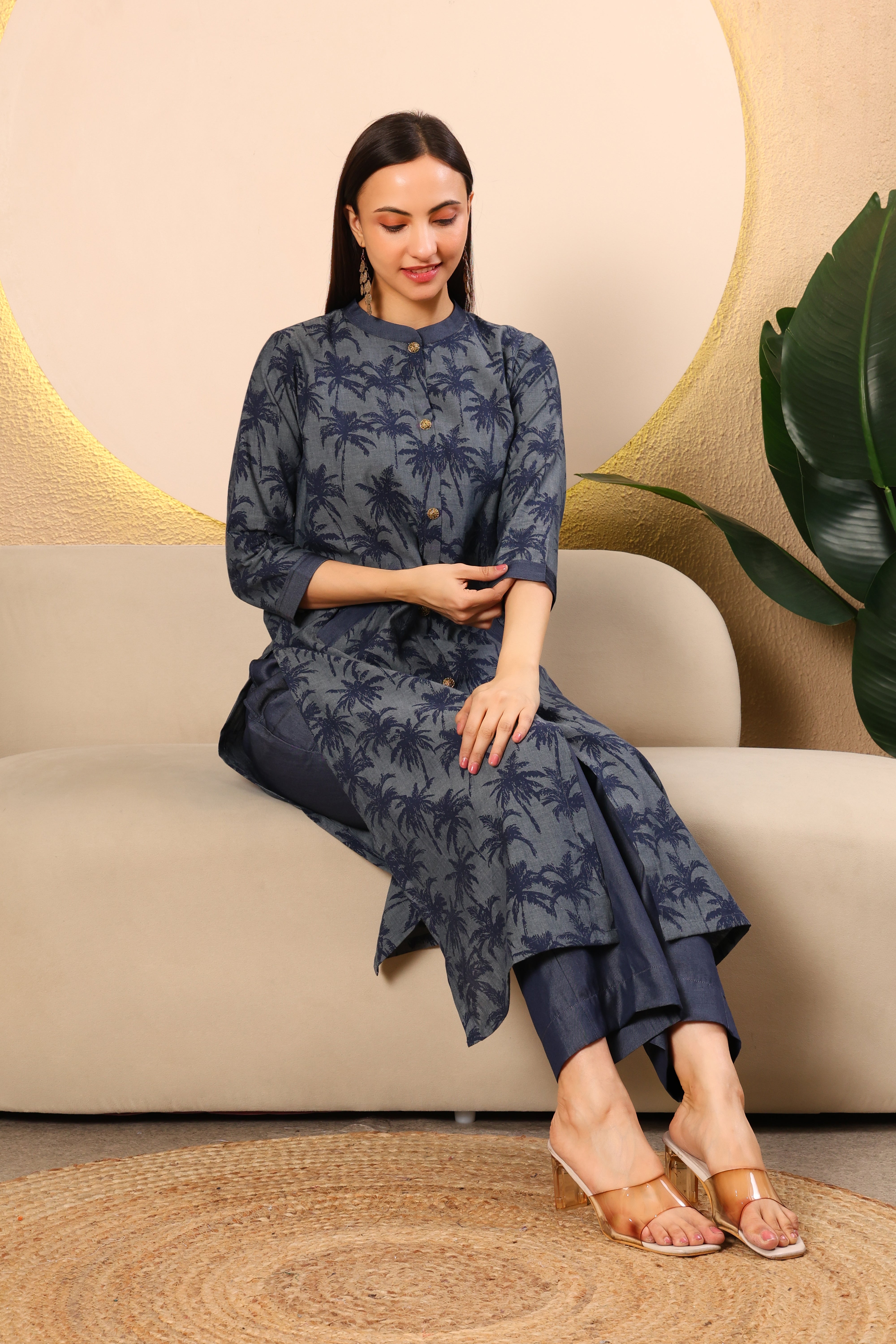 Navy Printed Denim Kurta Set