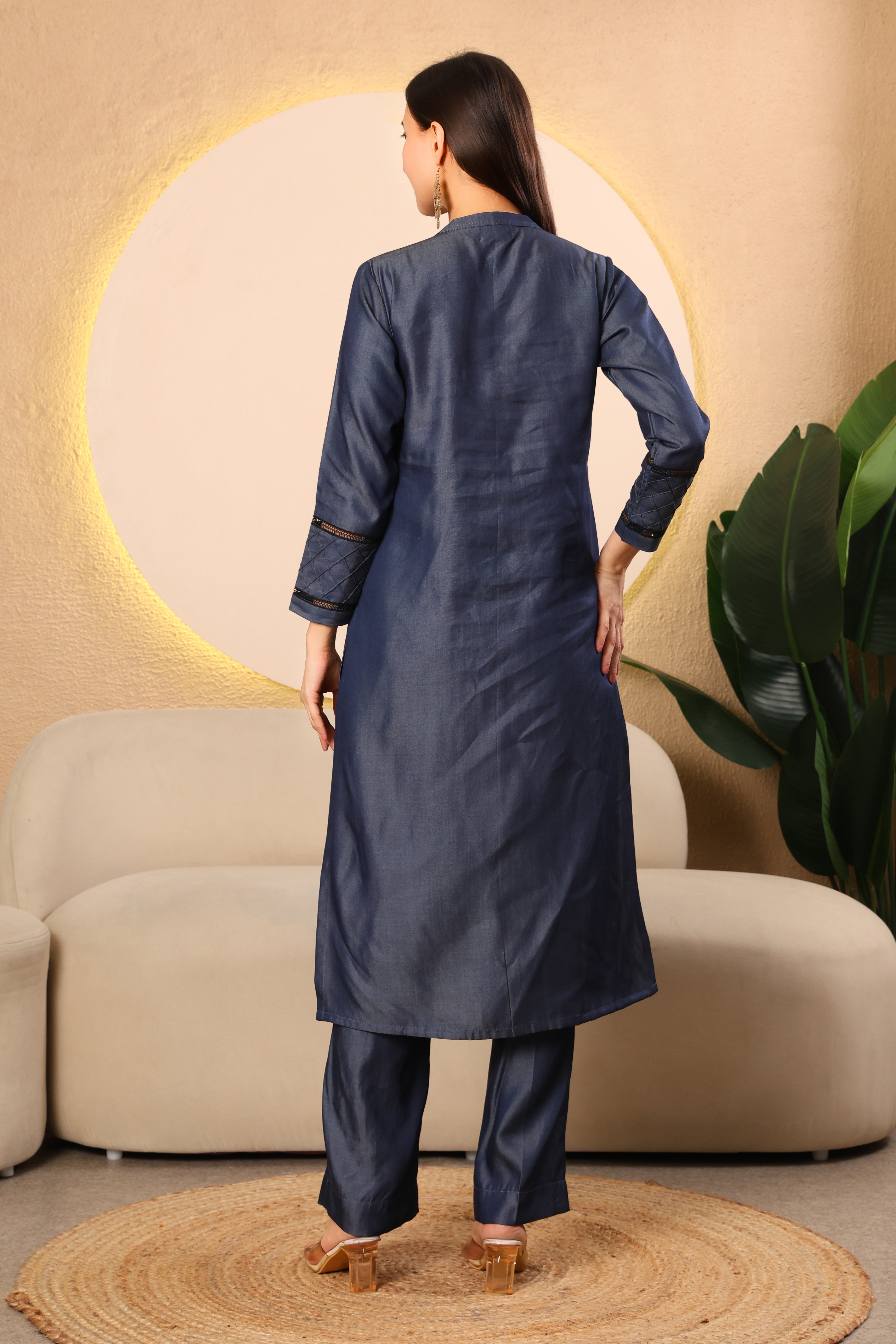 Navy Solid Denim Kurta Set