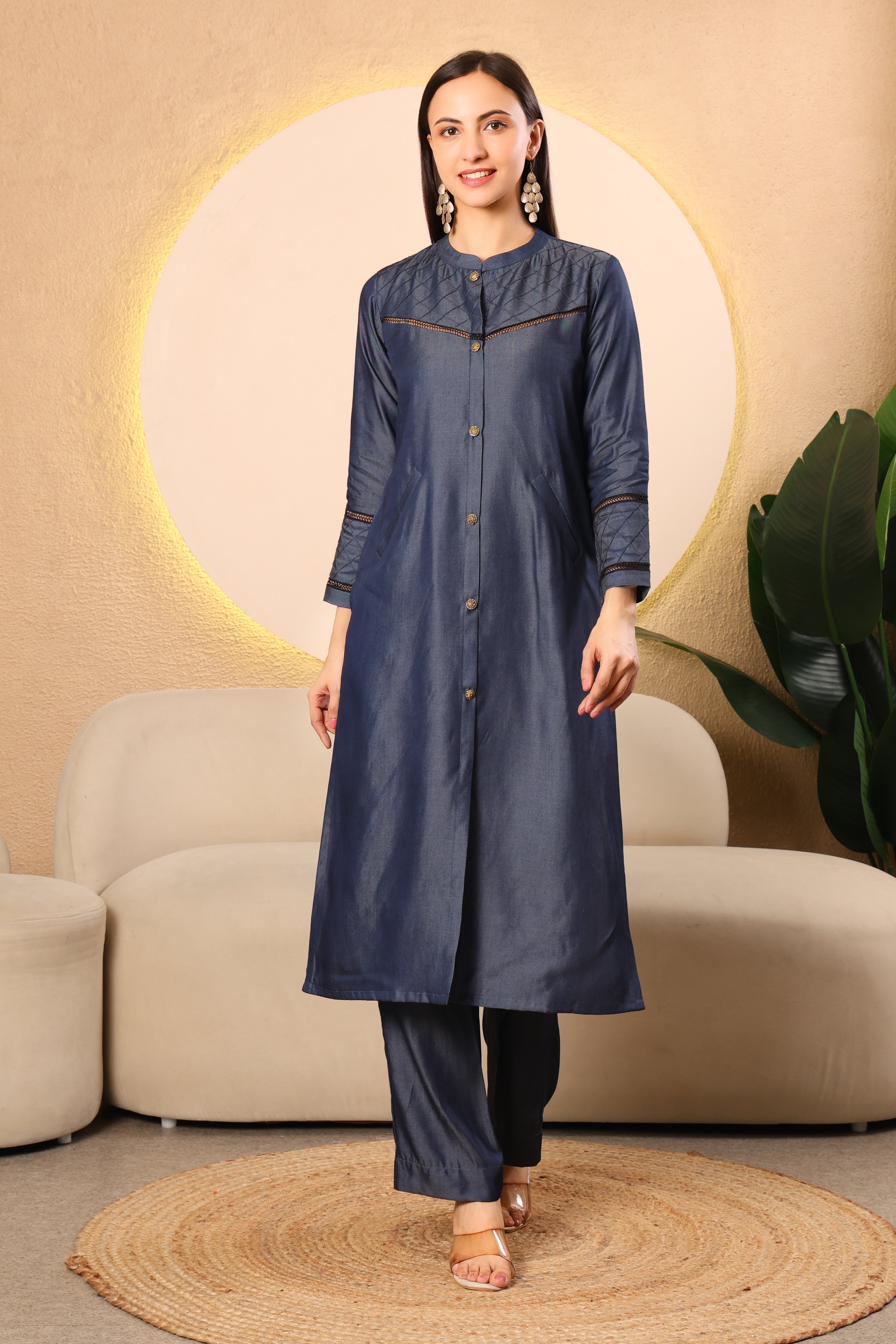 Navy Solid Denim Kurta Set
