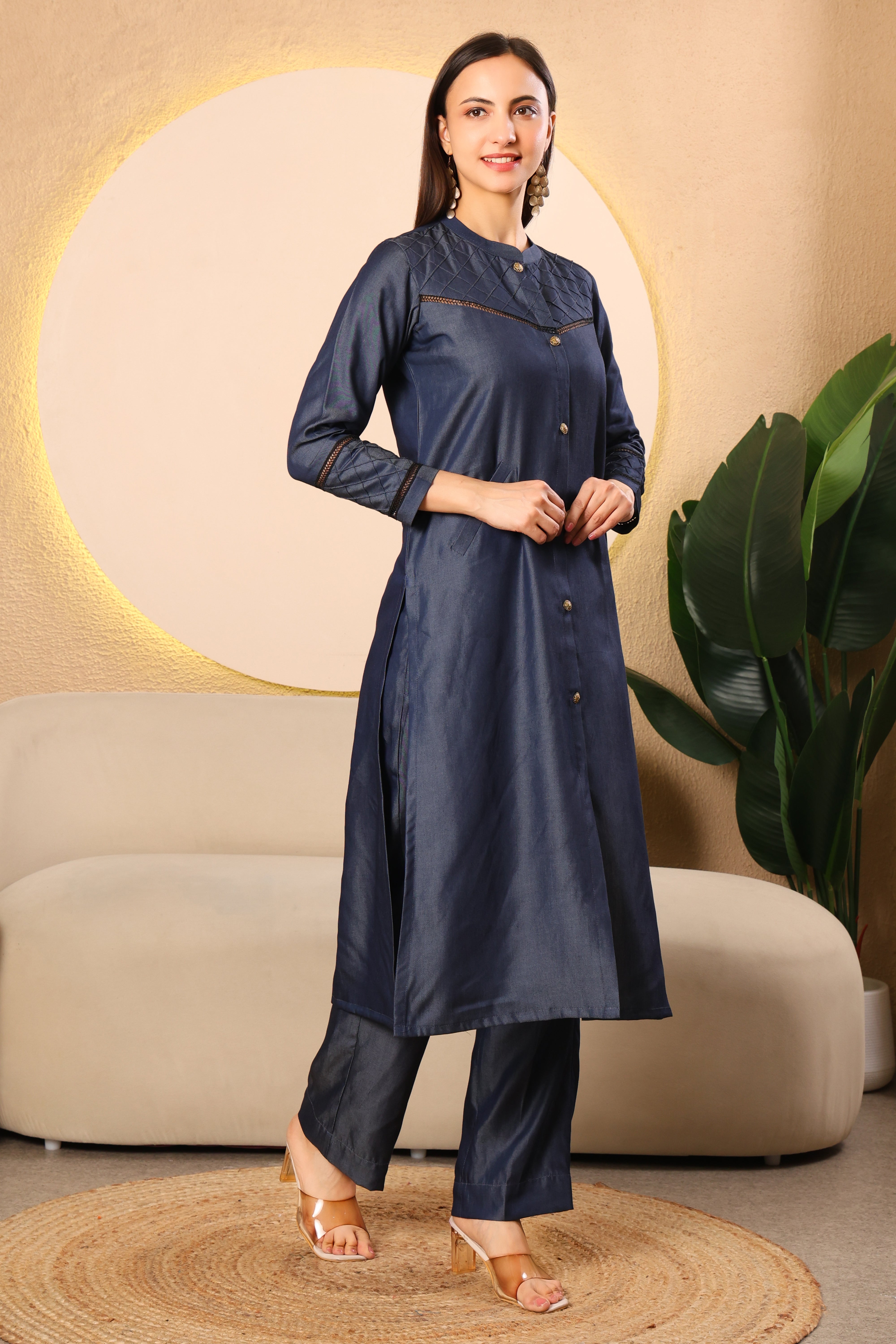 Navy Solid Denim Kurta Set