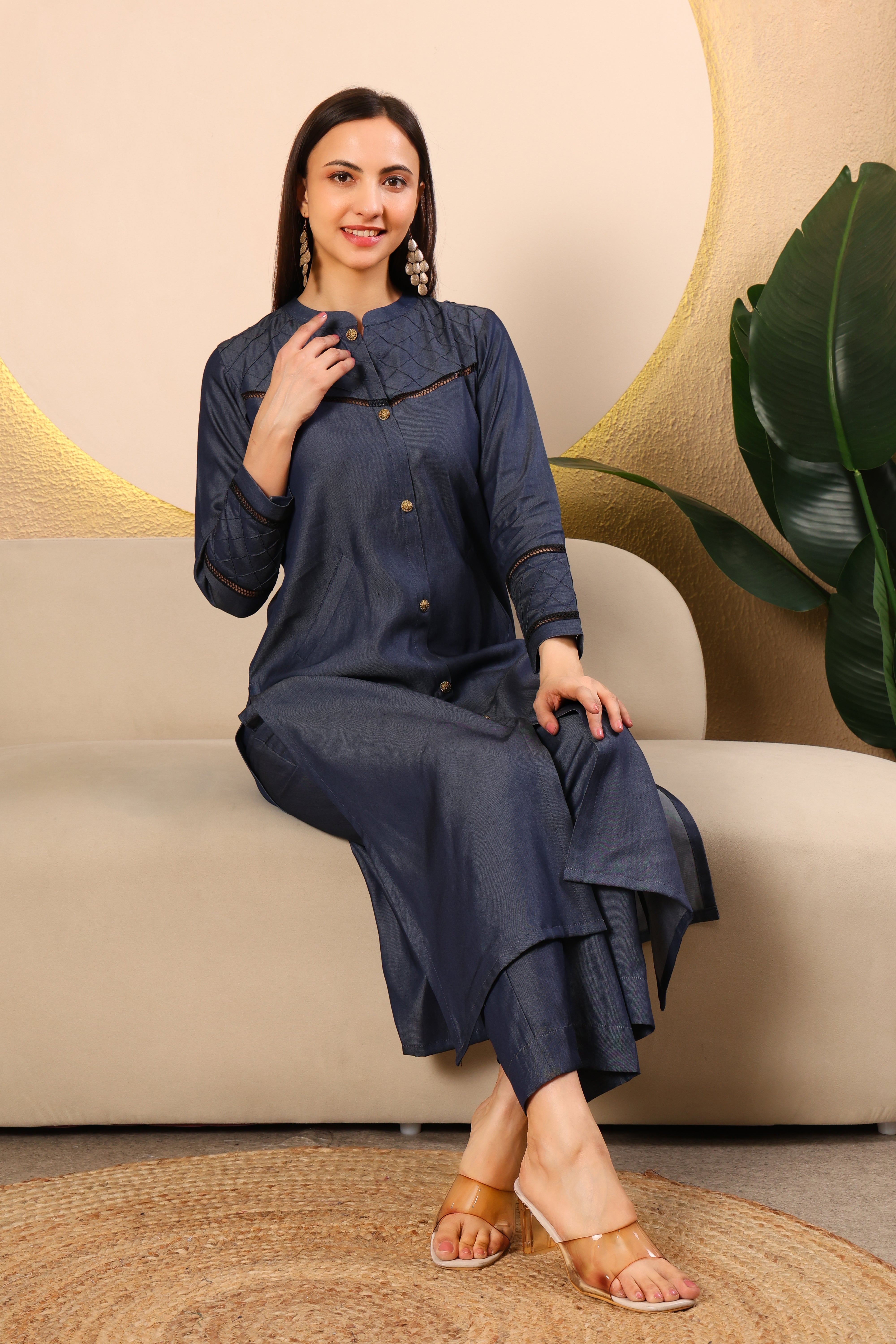 Navy Solid Denim Kurta Set