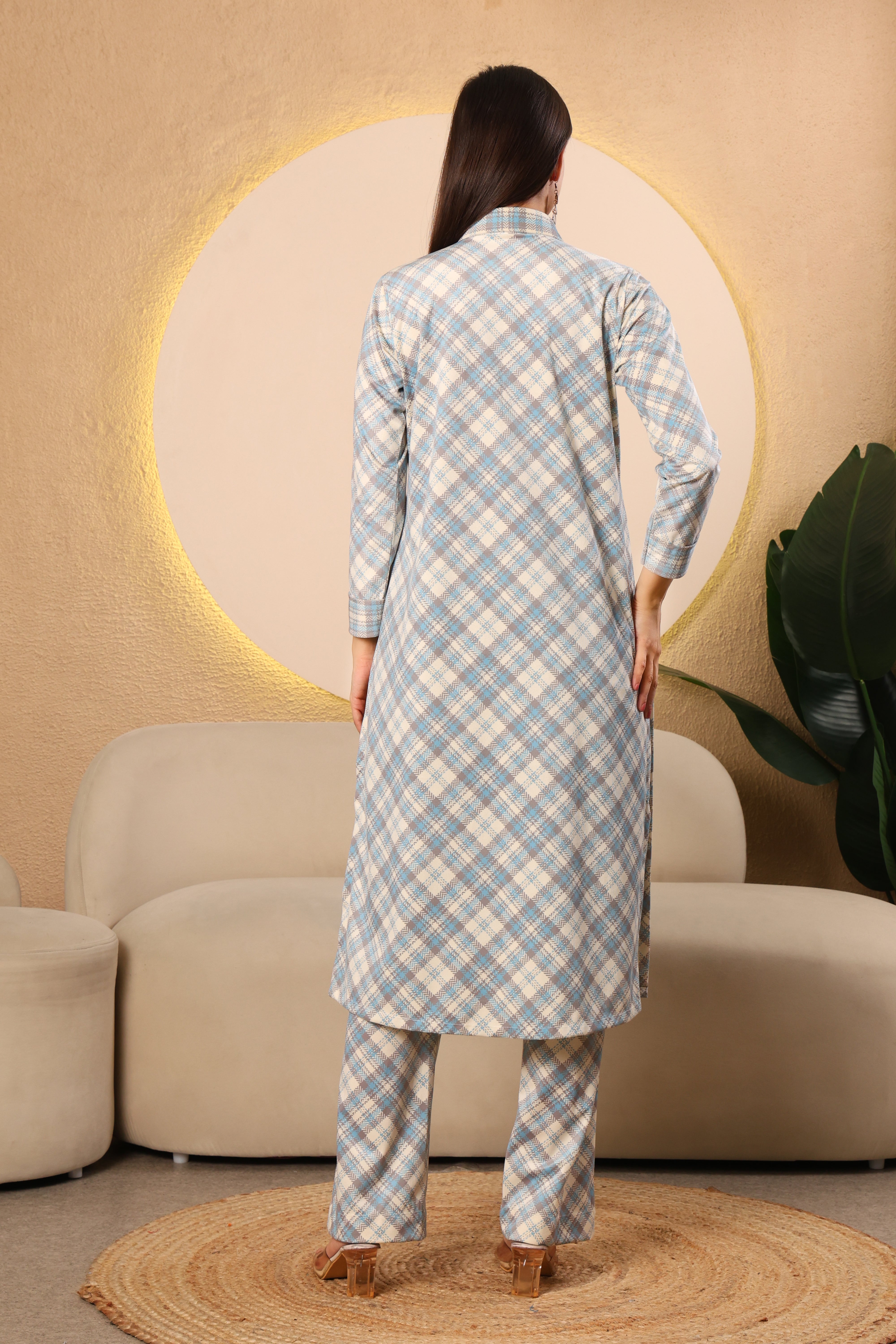 Pastel Blue Checked Cotrise Kurta Set