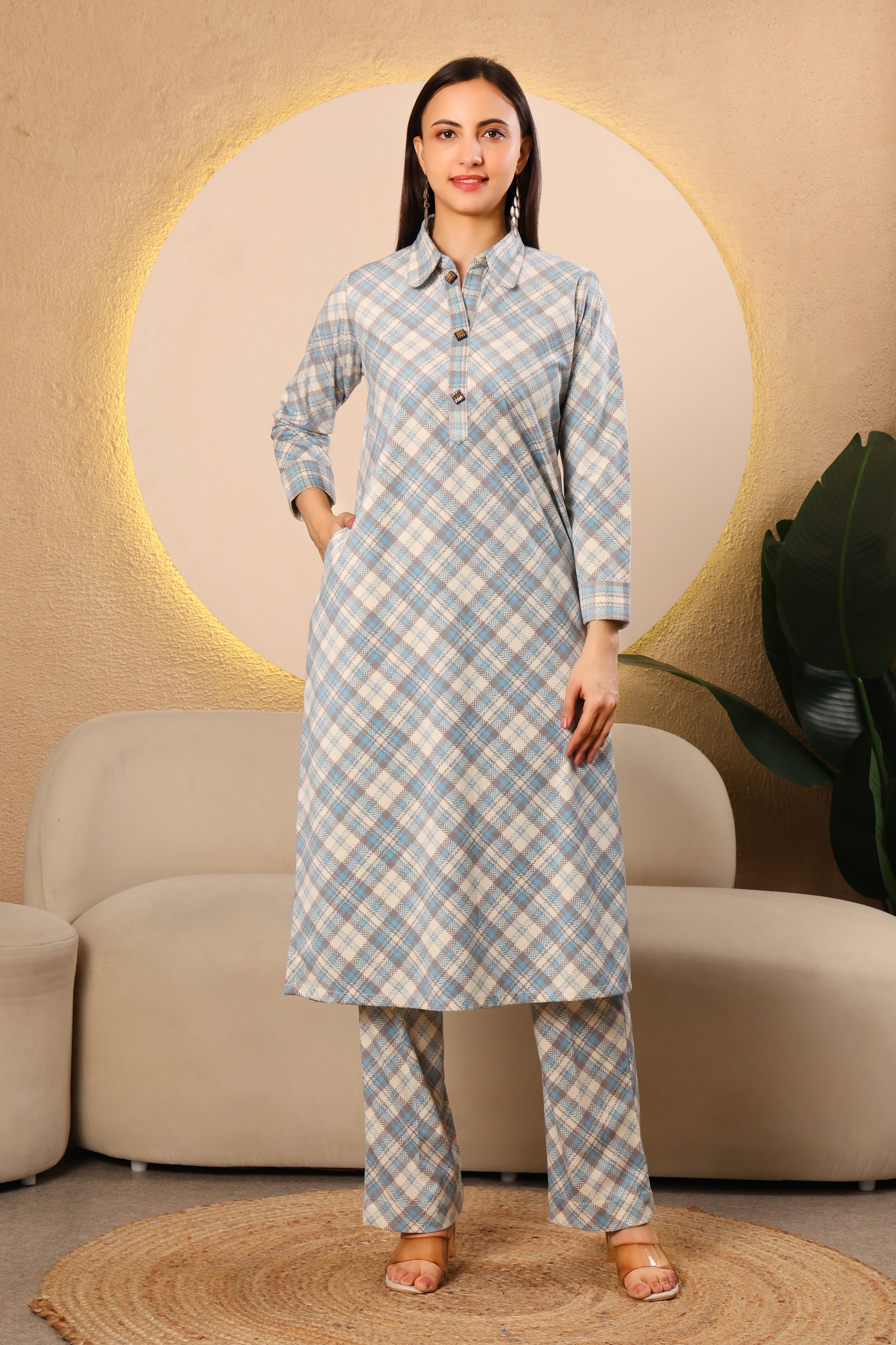 Pastel Blue Checked Cotrise Kurta Set