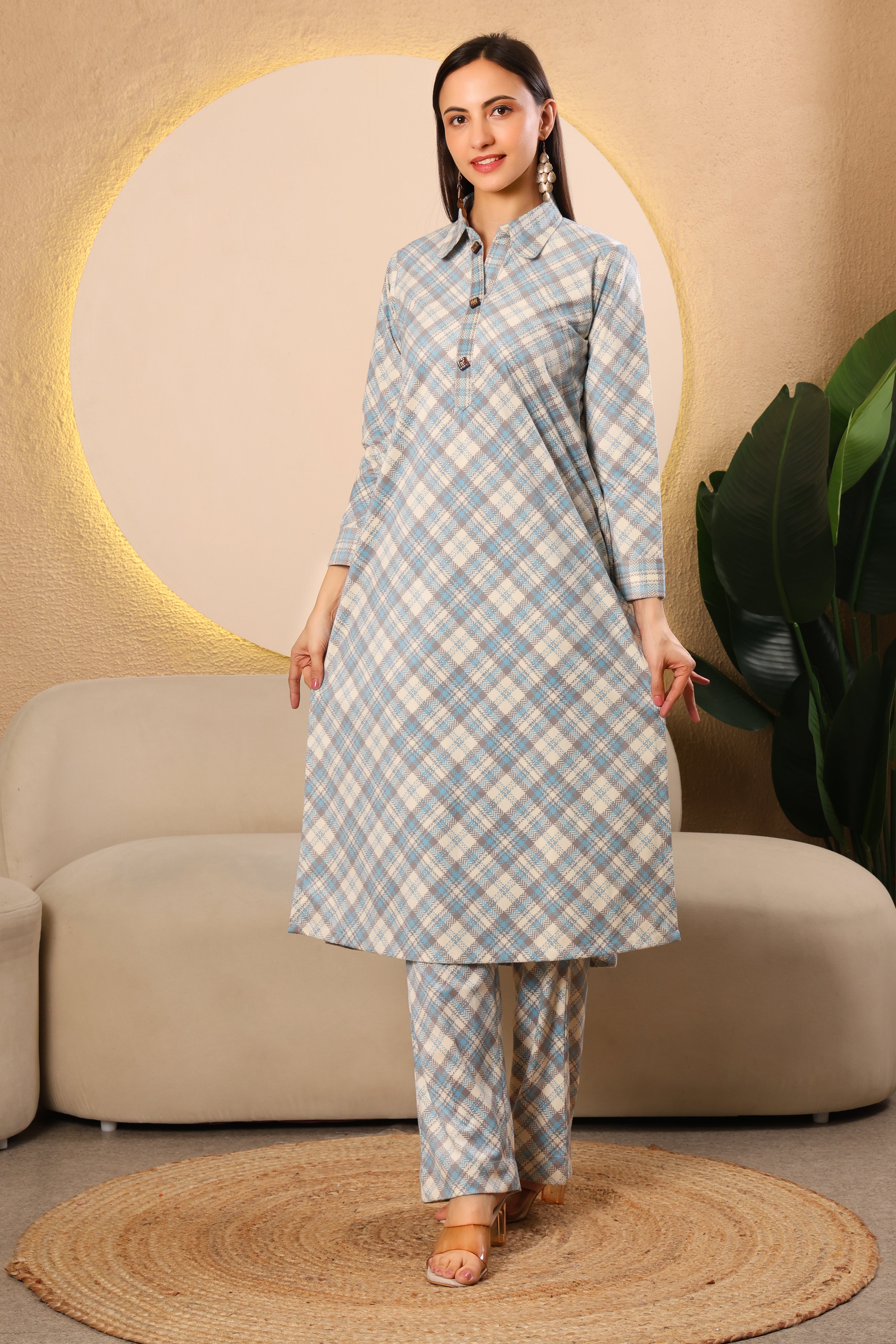 Pastel Blue Checked Cotrise Kurta Set
