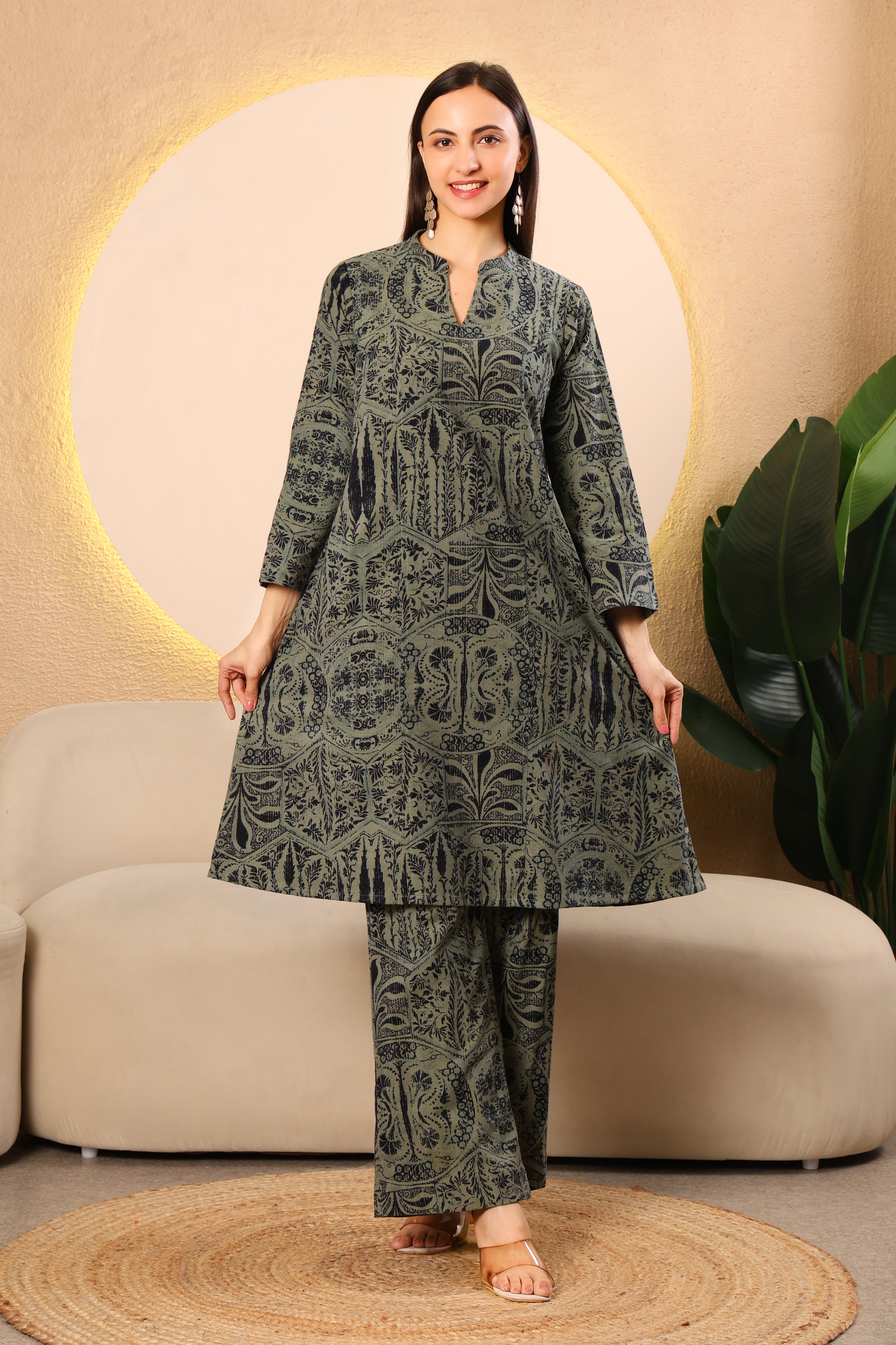 Olive Green Printed Cotrise Kurta Set