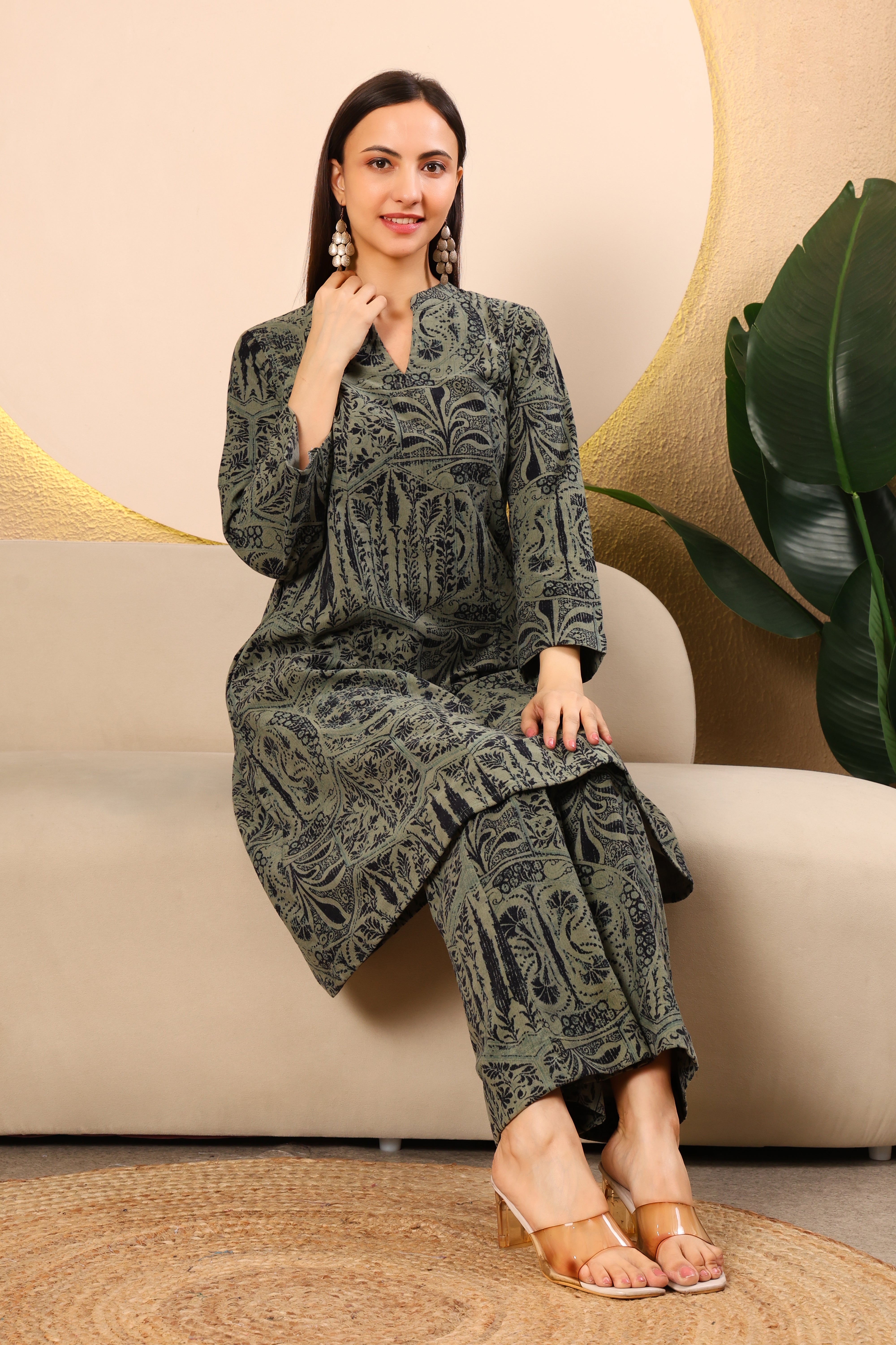 Olive Green Printed Cotrise Kurta Set
