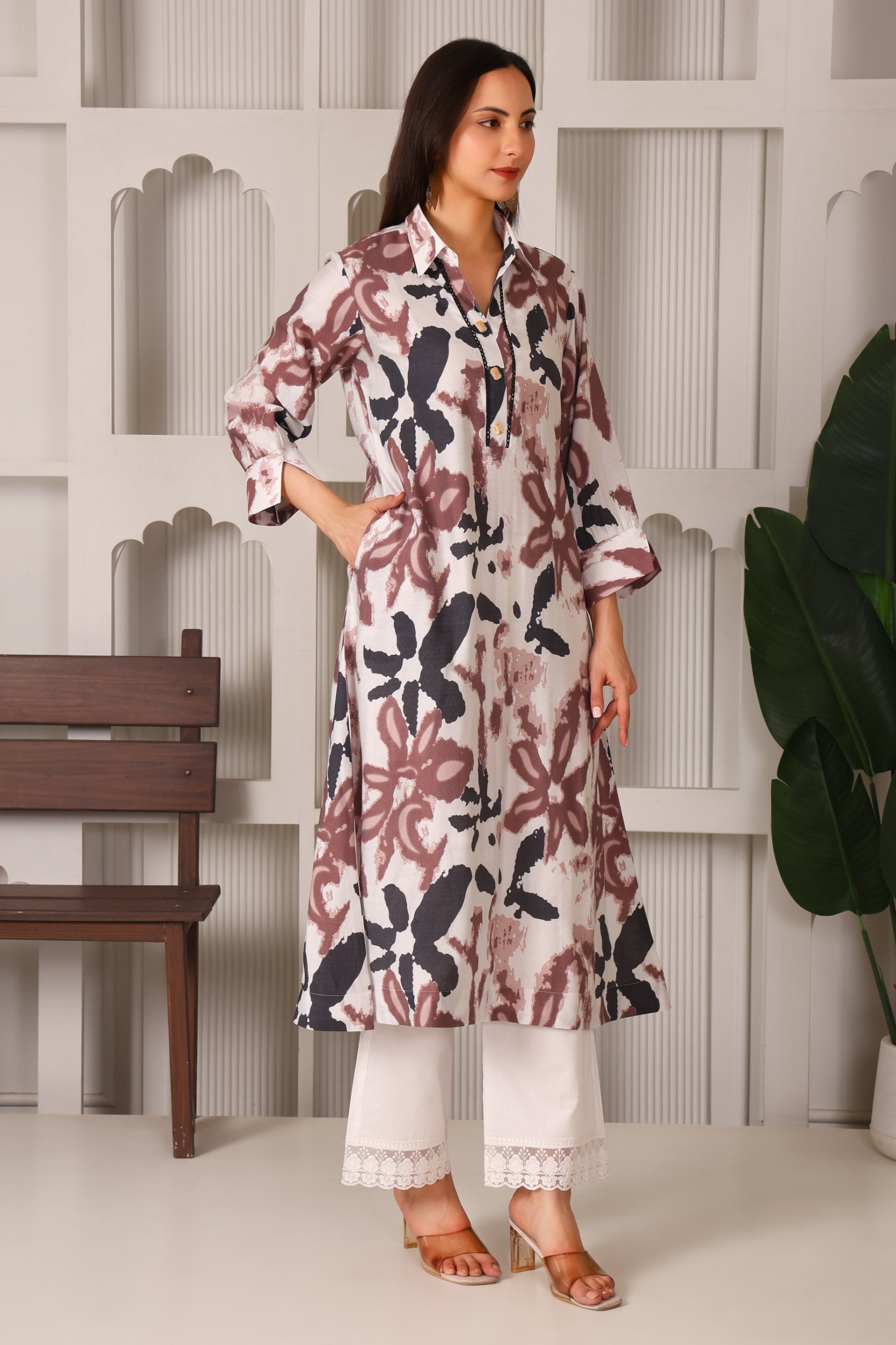 Urban Grace Cotton Linen Shirt Collar Kurta Set