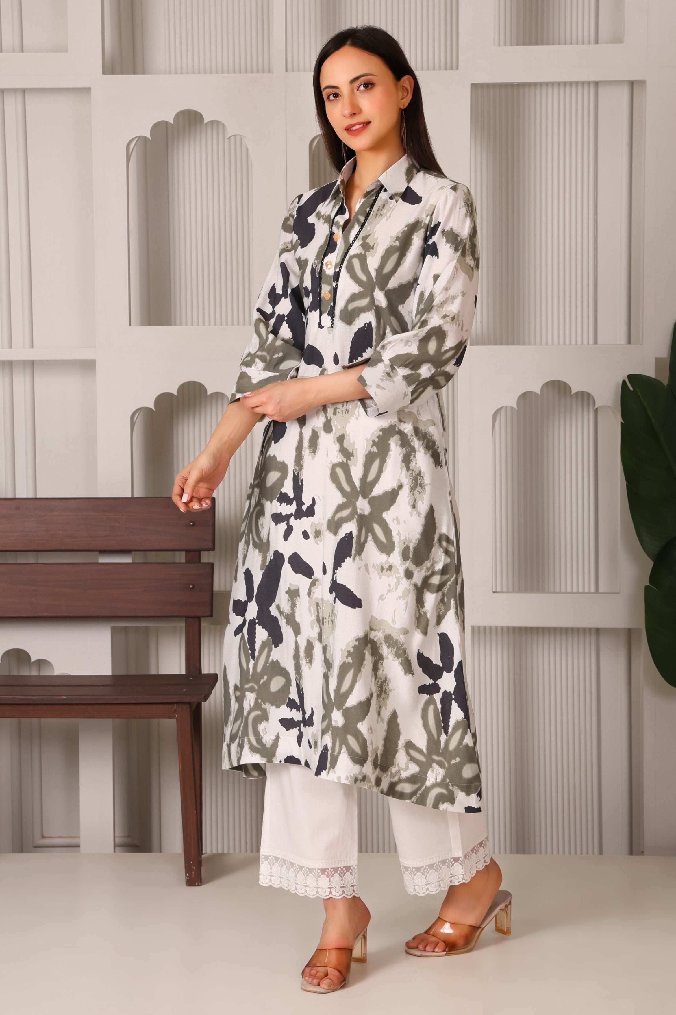 Cotton Linen Shirt Collar Kurta Set