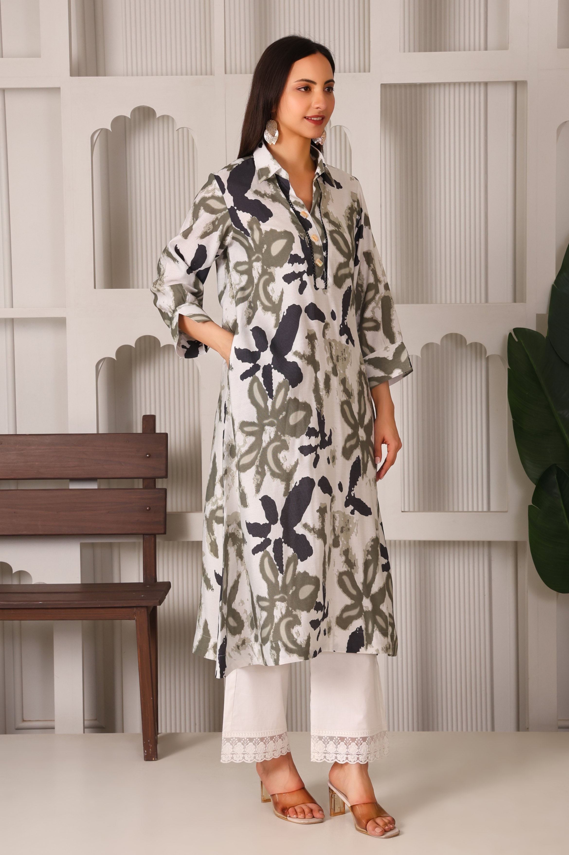 Cotton Linen Shirt Collar Kurta Set