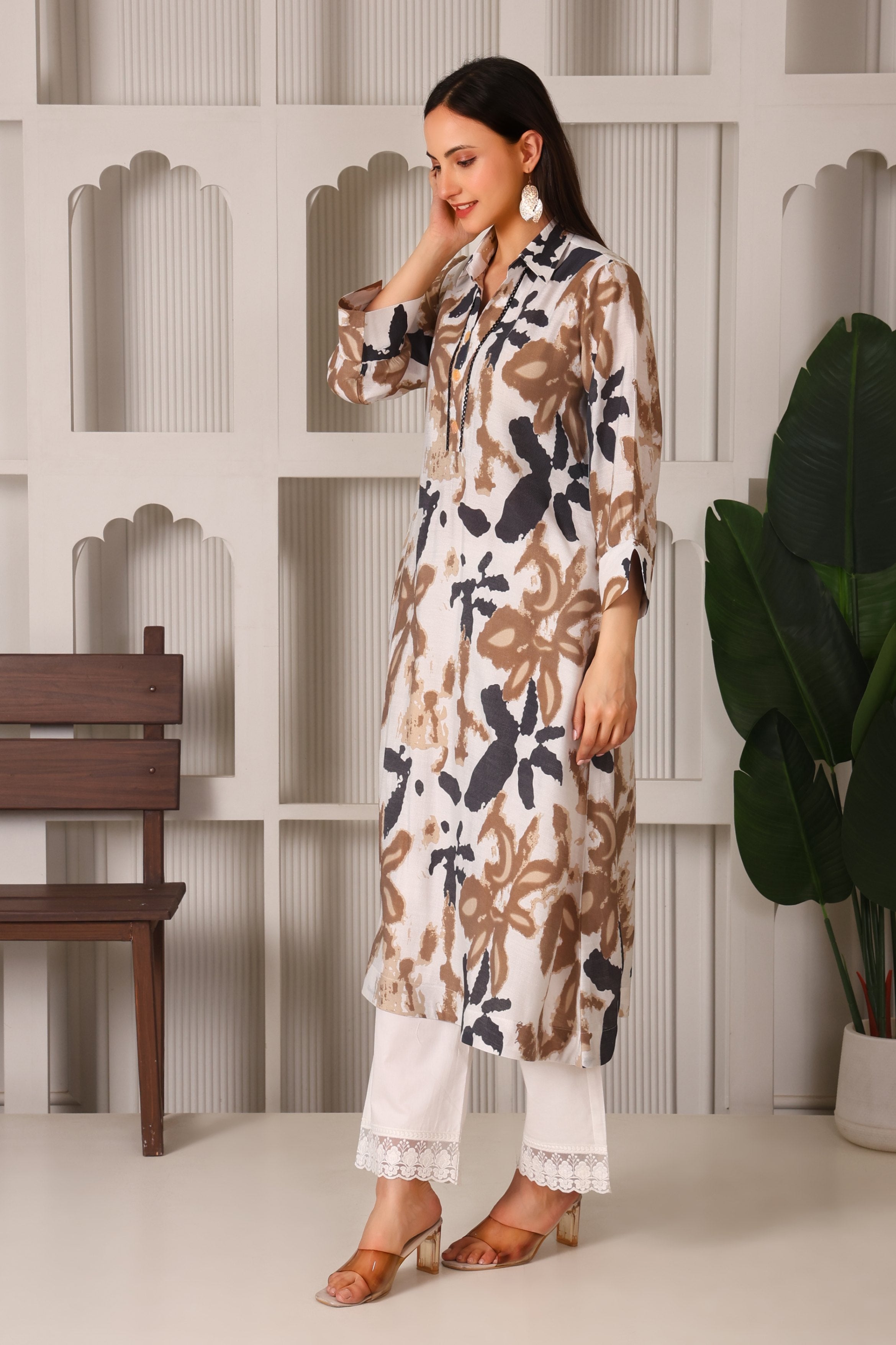 Chic Cotton Linen Shirt Collar Kurta Set
