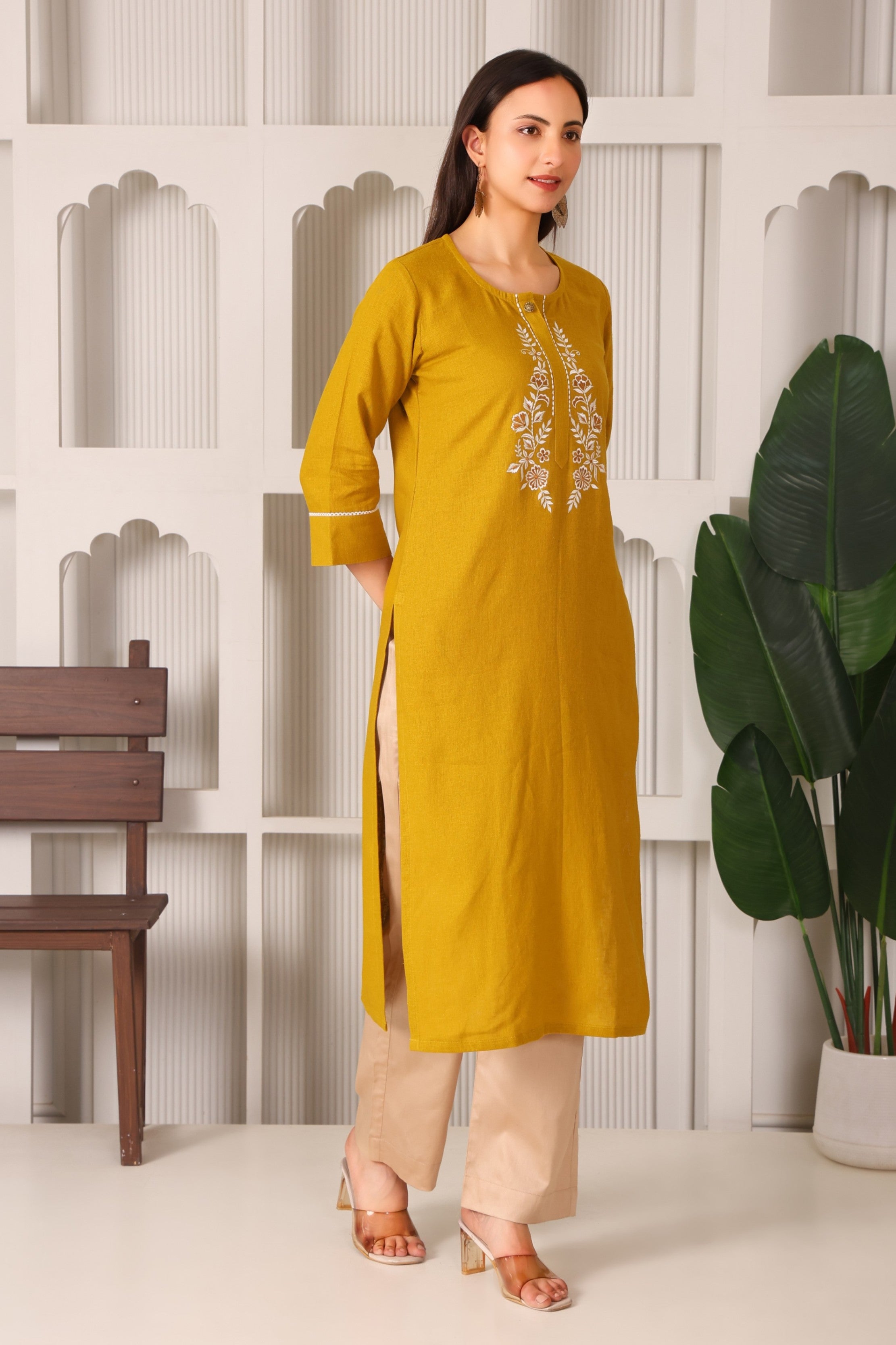 Classic Charm Linen Straight  Kurta Set with Embroidery