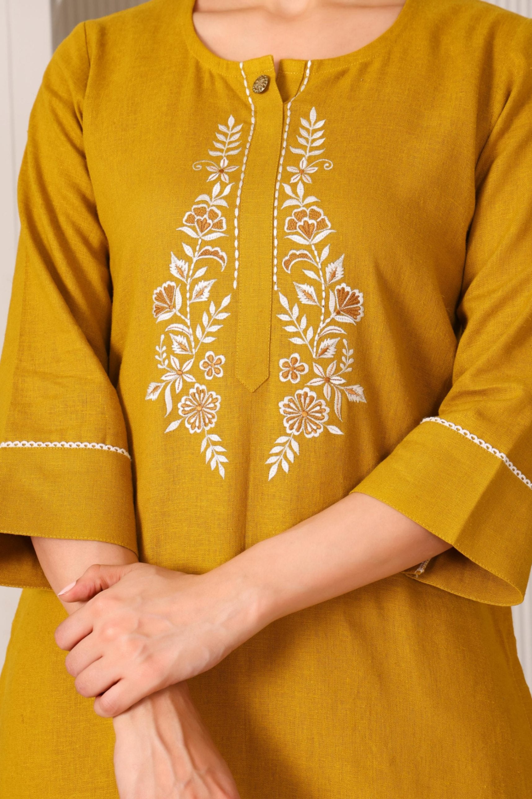 Classic Charm Linen Straight  Kurta Set with Embroidery