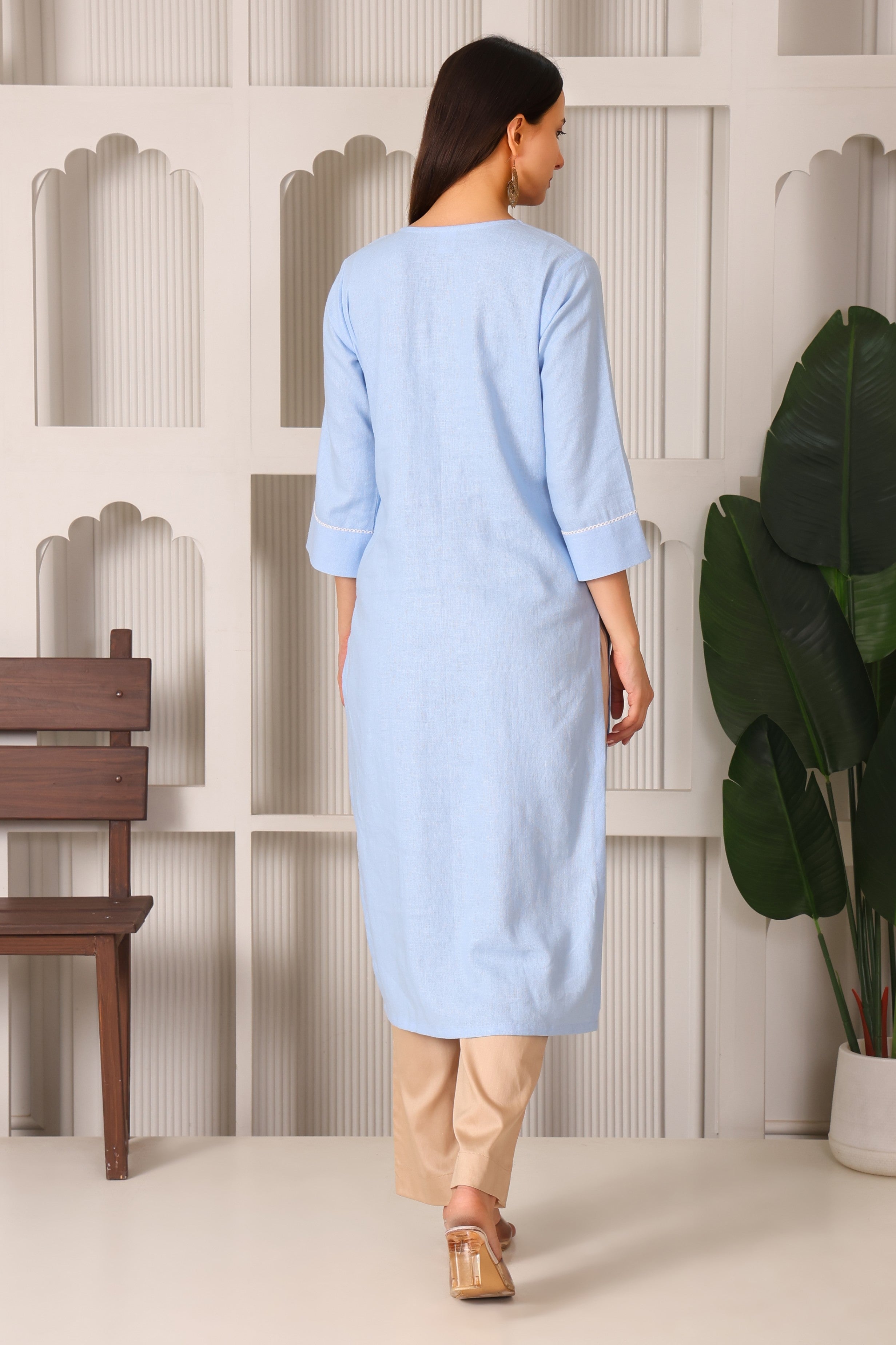 Linen Front Embroidery Kurta Set