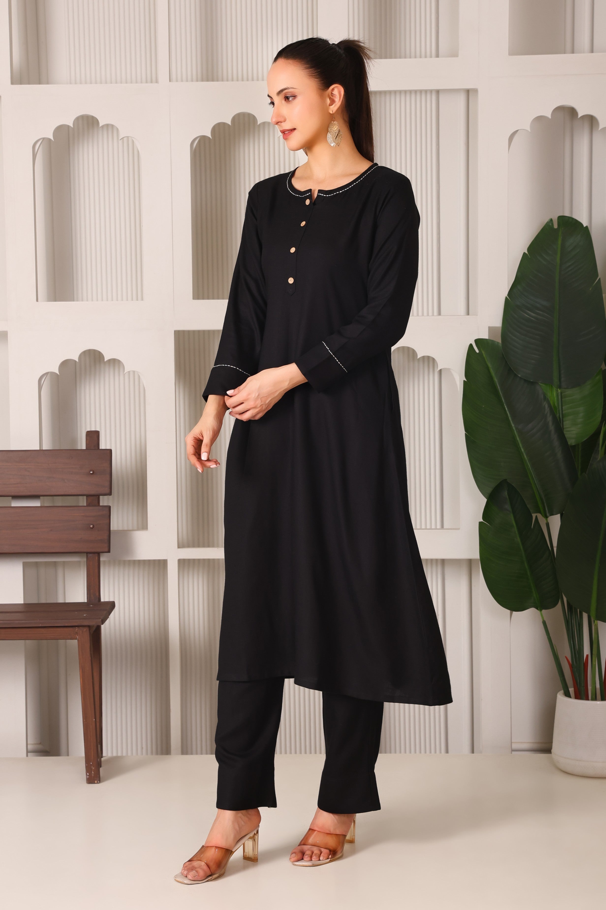 Linen A-Line Kurta Set with Back Embroidery