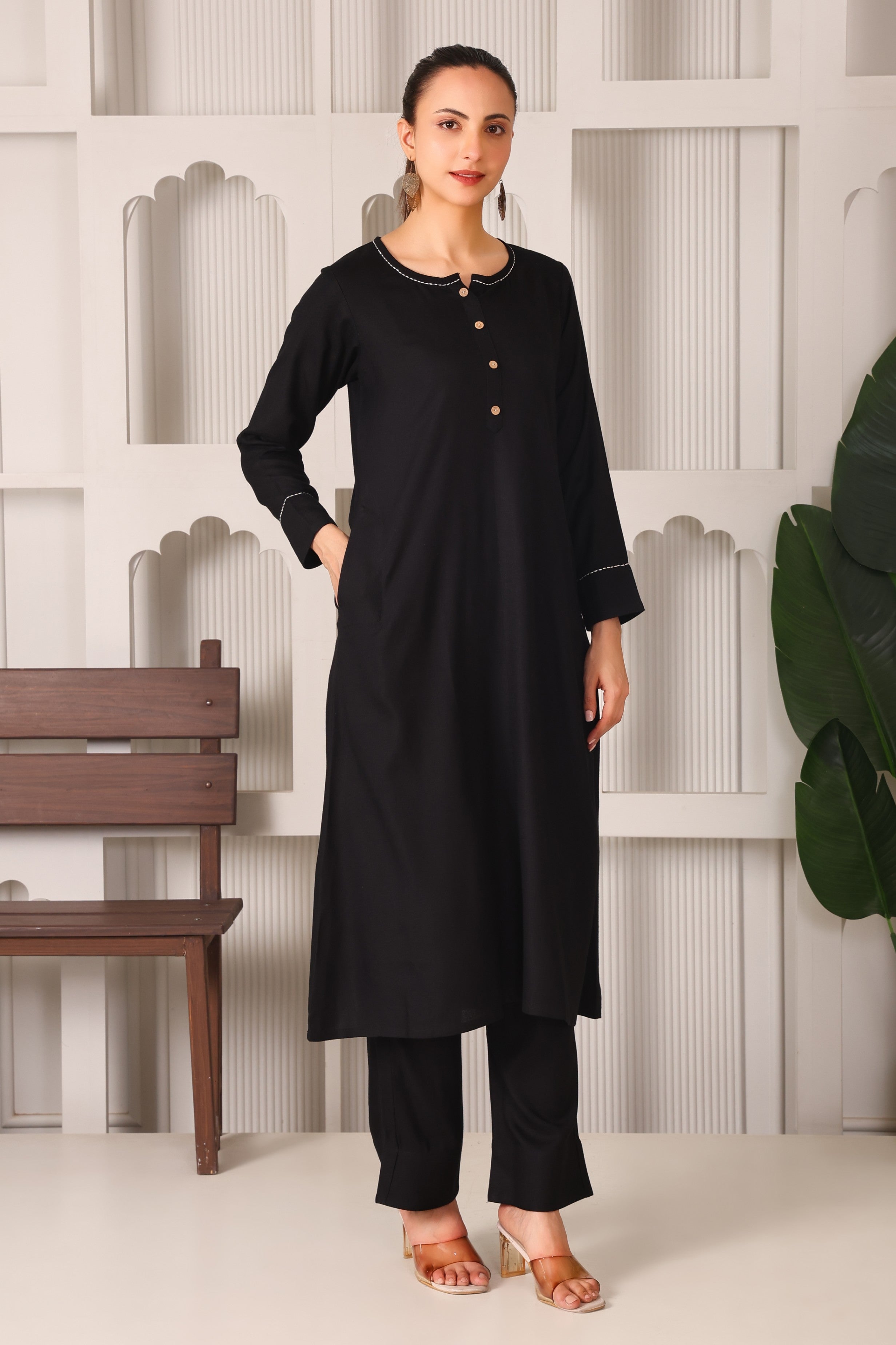 Linen A-Line Kurta Set with Back Embroidery