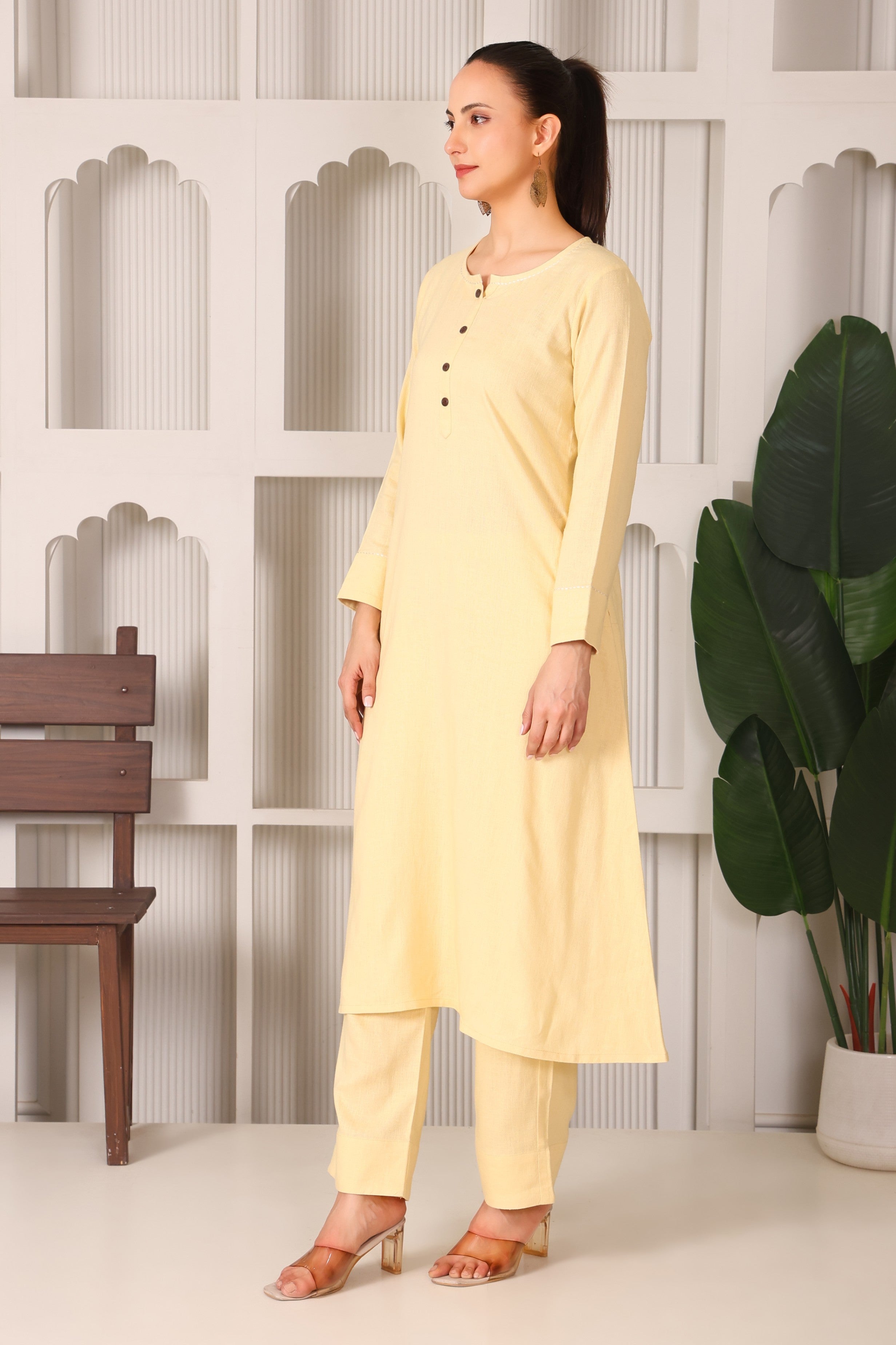 Linen A-Line Kurta Set with Back Embroidery