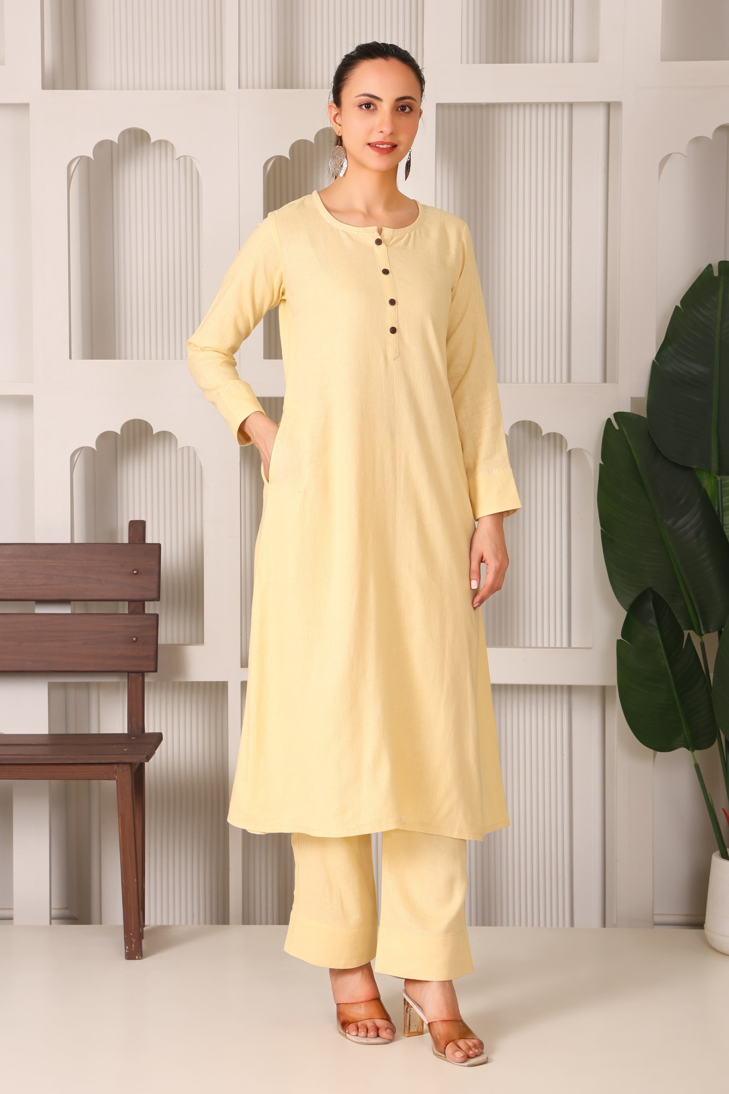 Linen A-Line Kurta Set with Back Embroidery