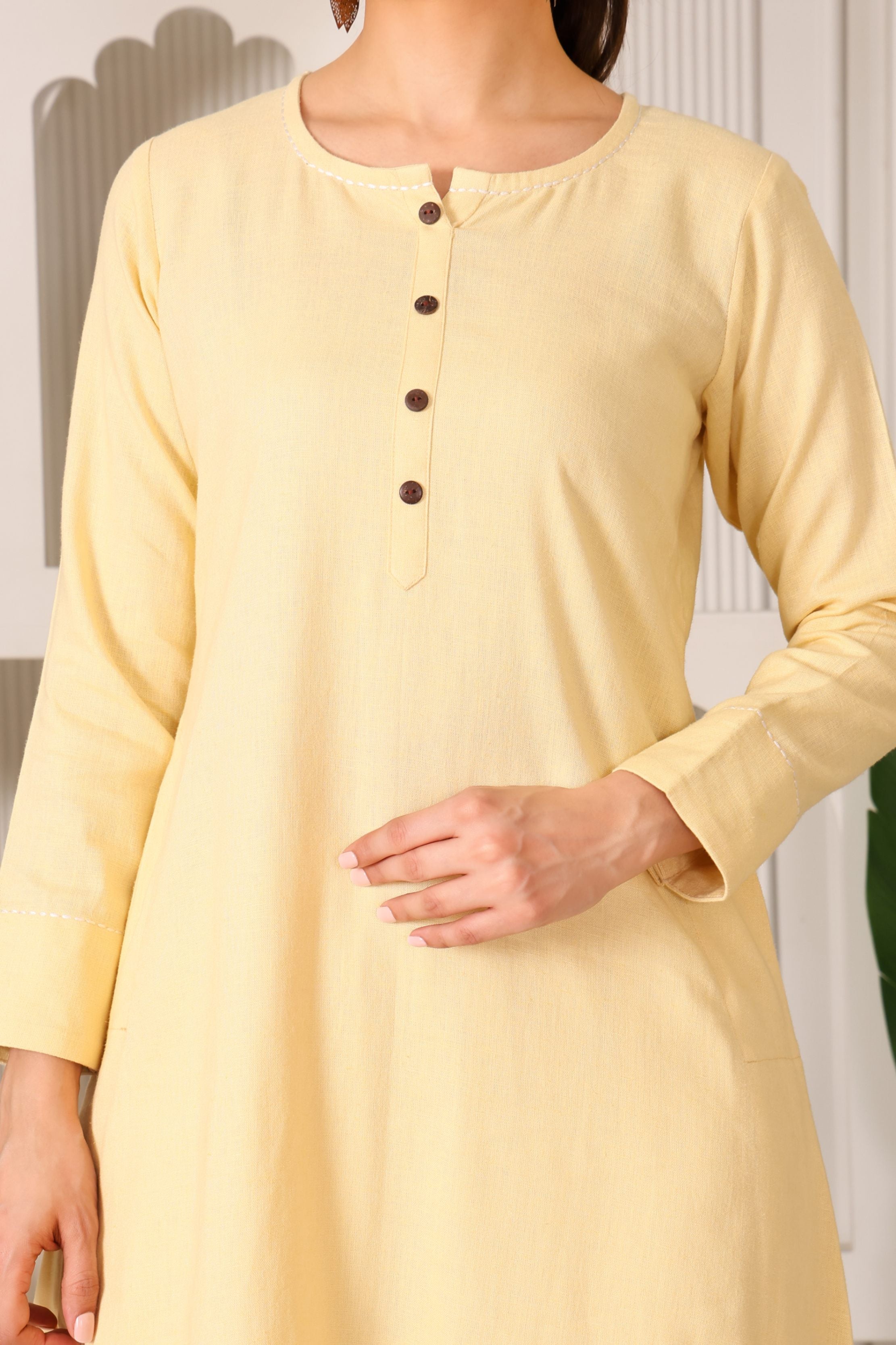 Linen A-Line Kurta Set with Back Embroidery