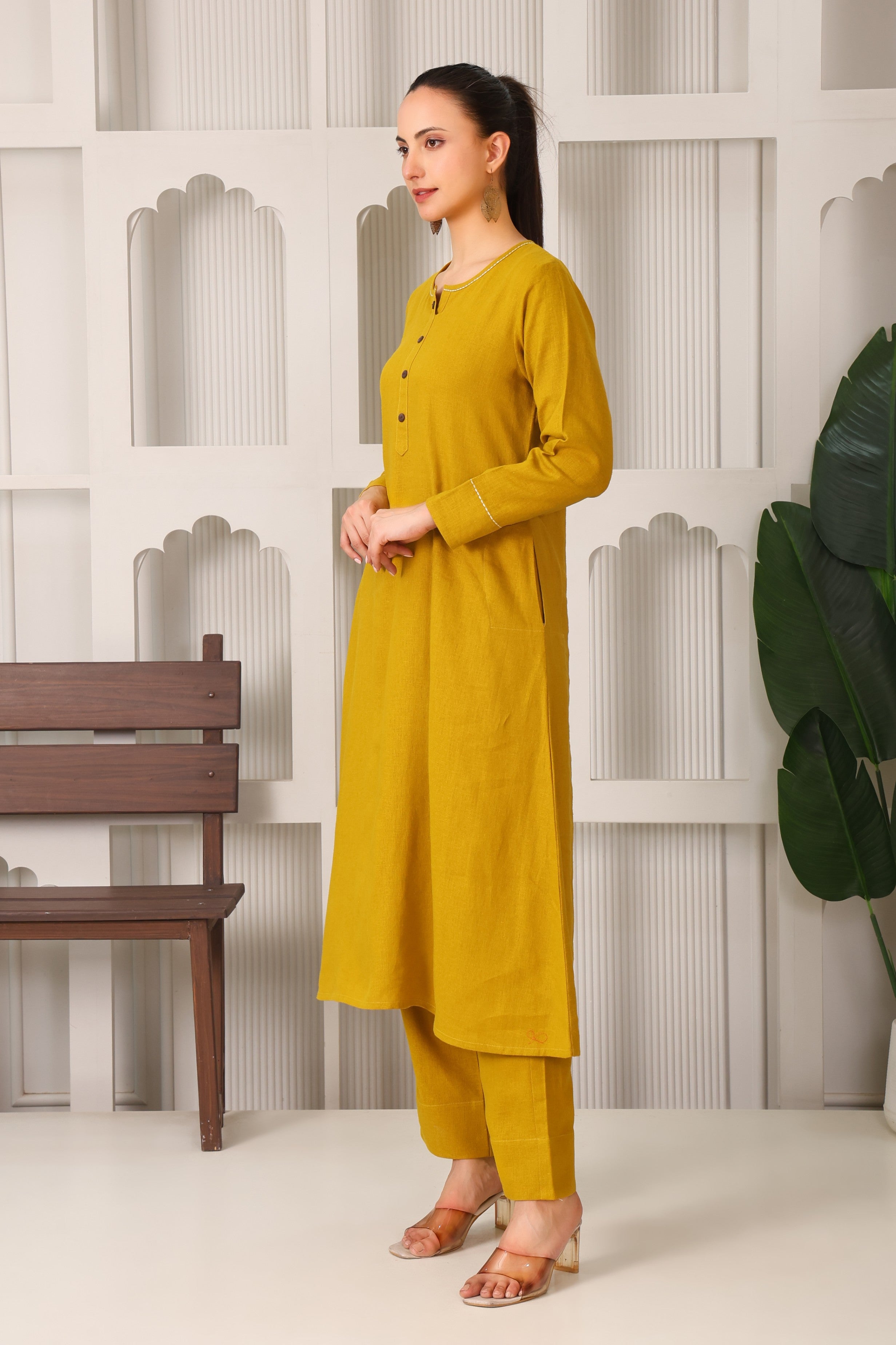 Linen A-Line Kurta Set with Back Embroidery