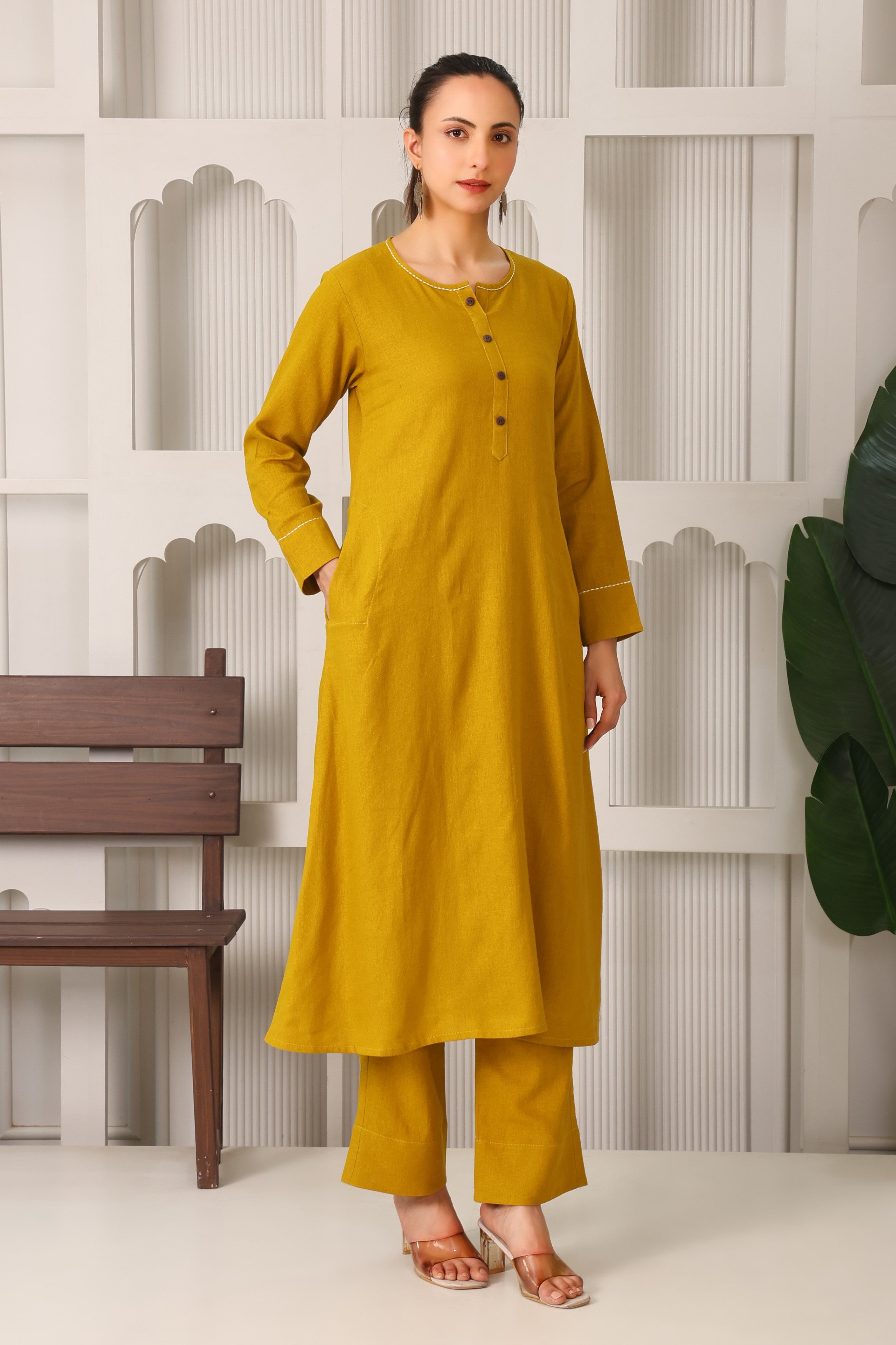 Linen A-Line Kurta Set with Back Embroidery
