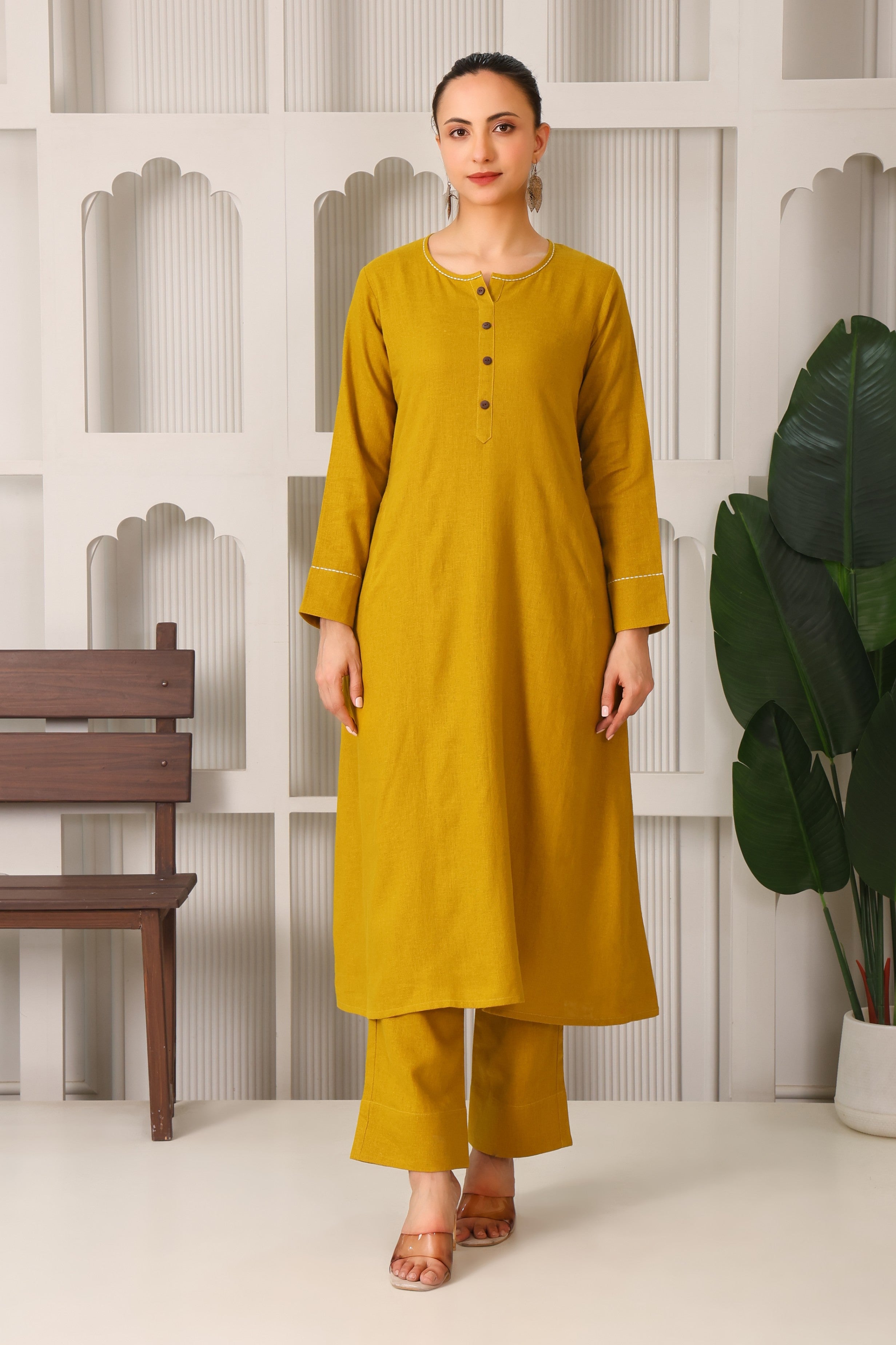 Linen A-Line Kurta Set with Back Embroidery
