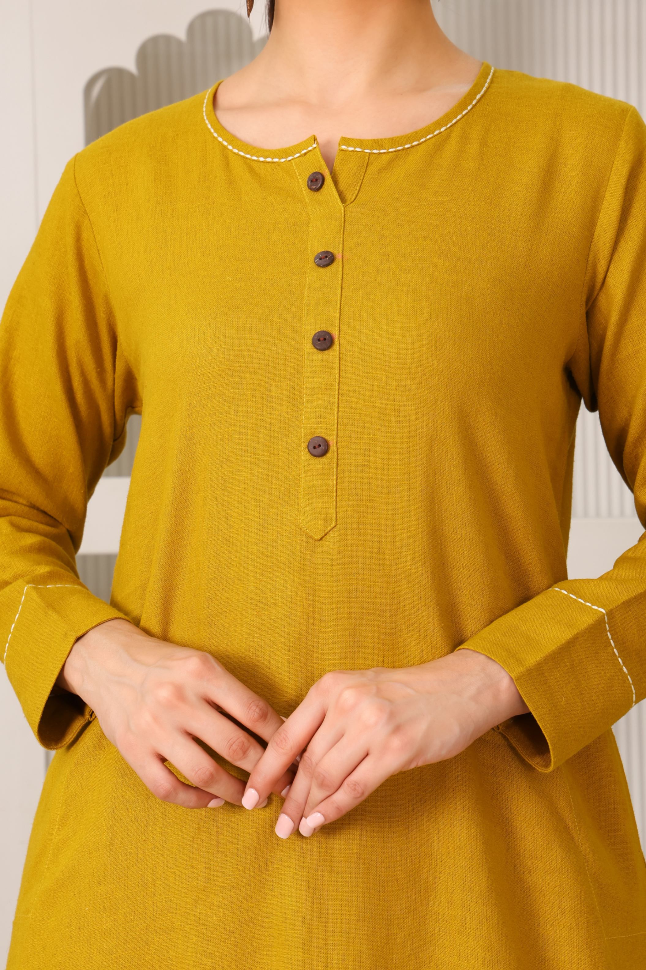 Linen A-Line Kurta Set with Back Embroidery