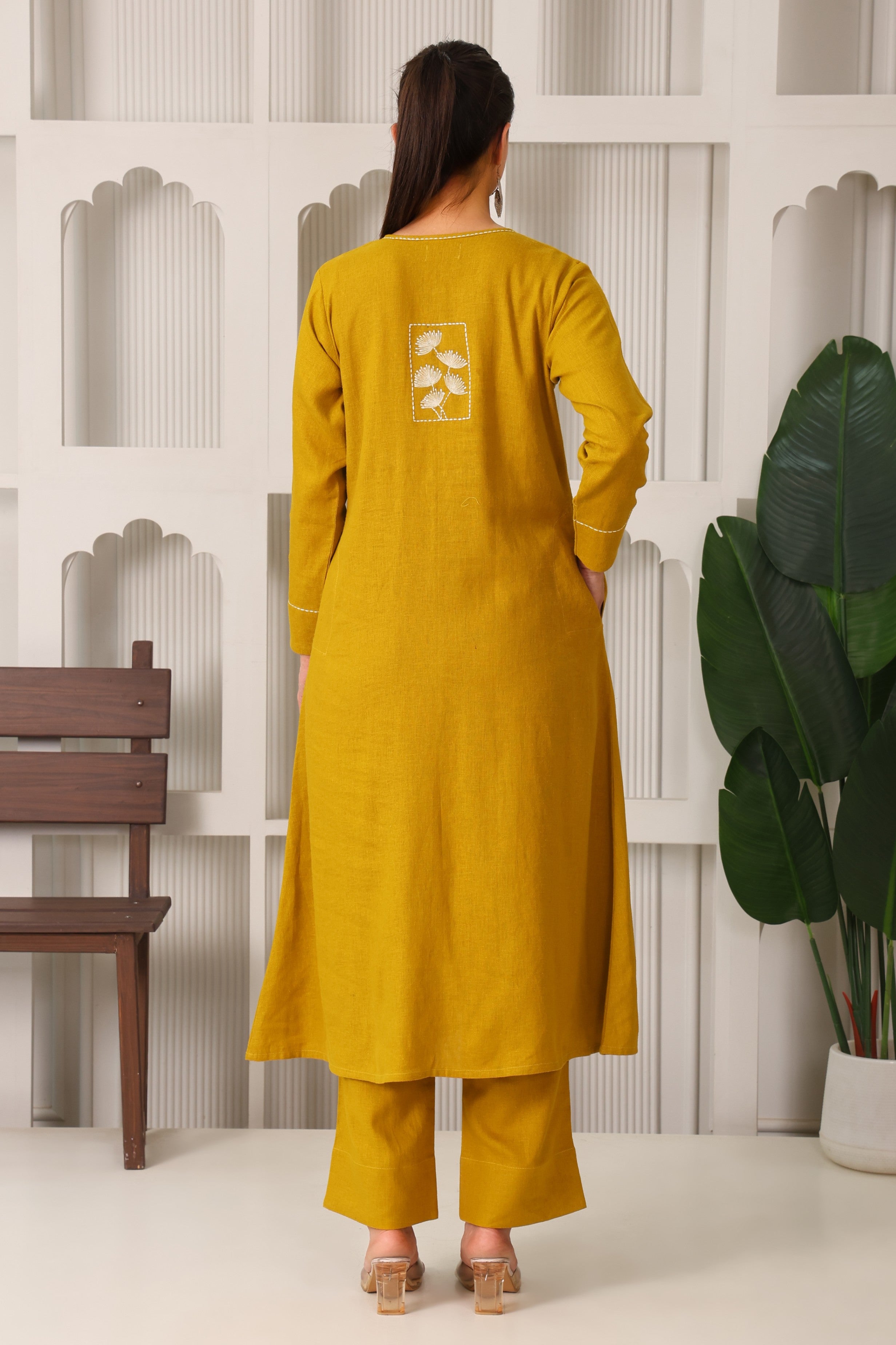 Linen A-Line Kurta Set with Back Embroidery