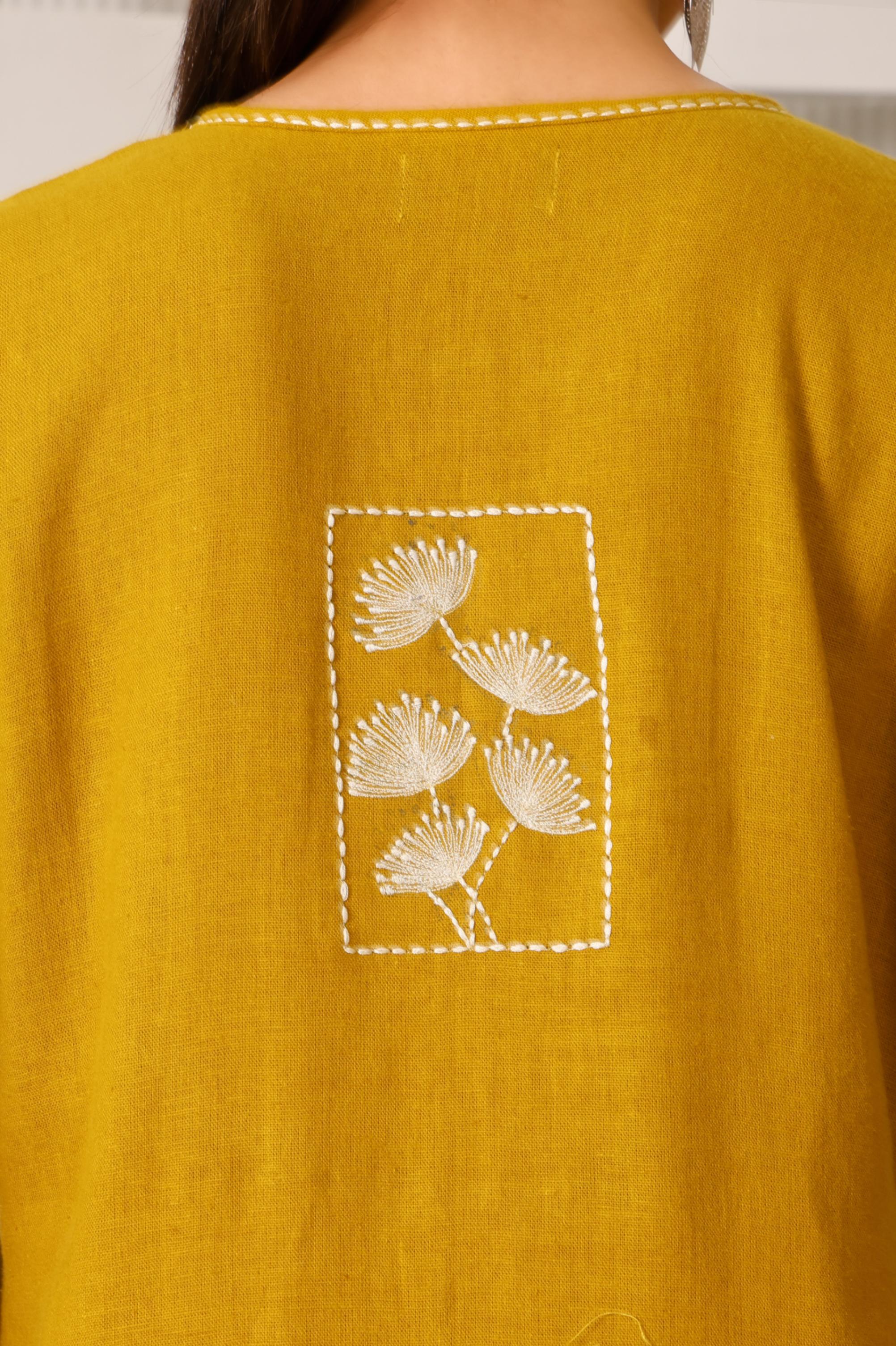 Linen A-Line Kurta Set with Back Embroidery