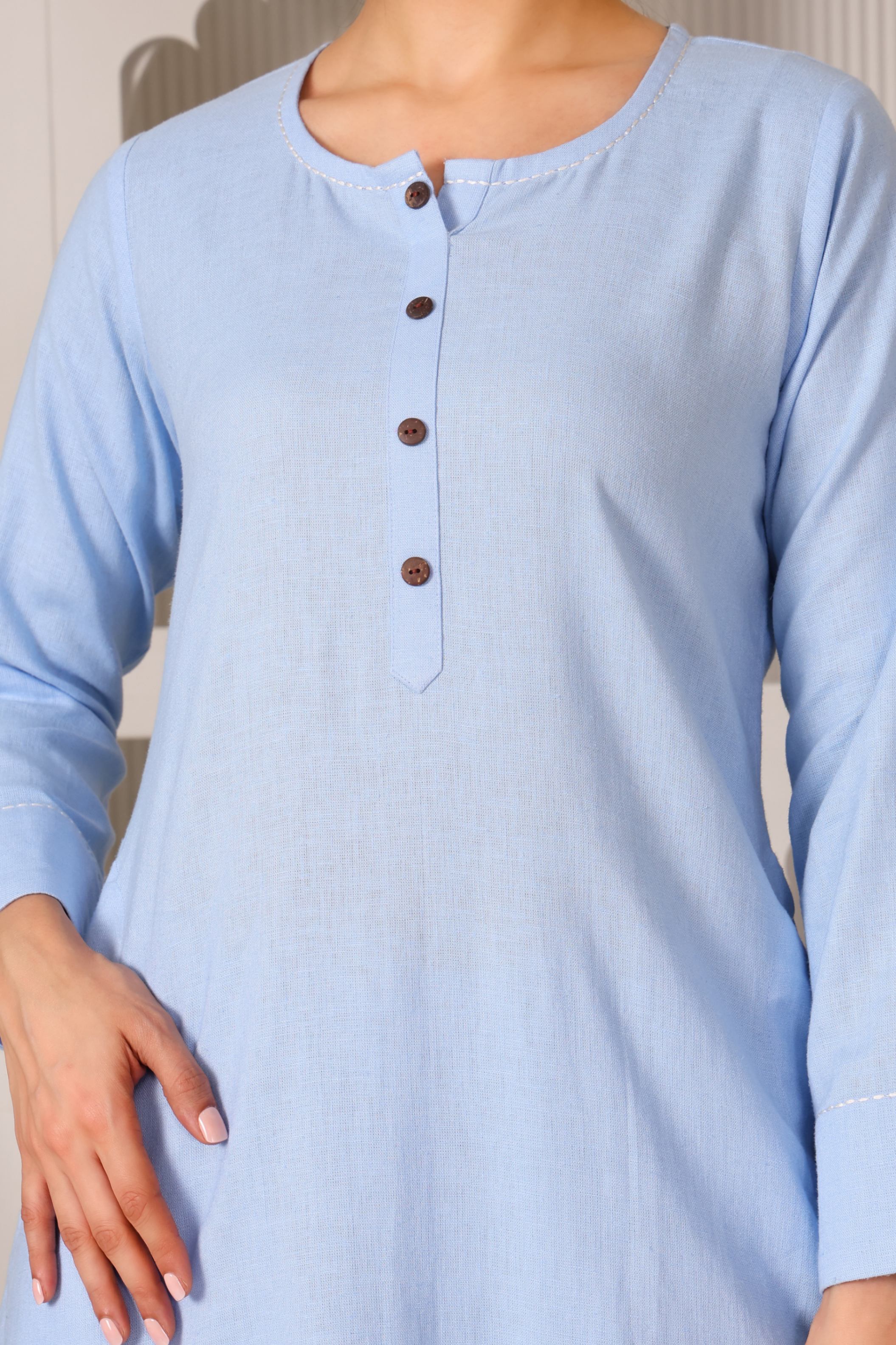 Linen A-Line Kurta Set with Back Embroidery