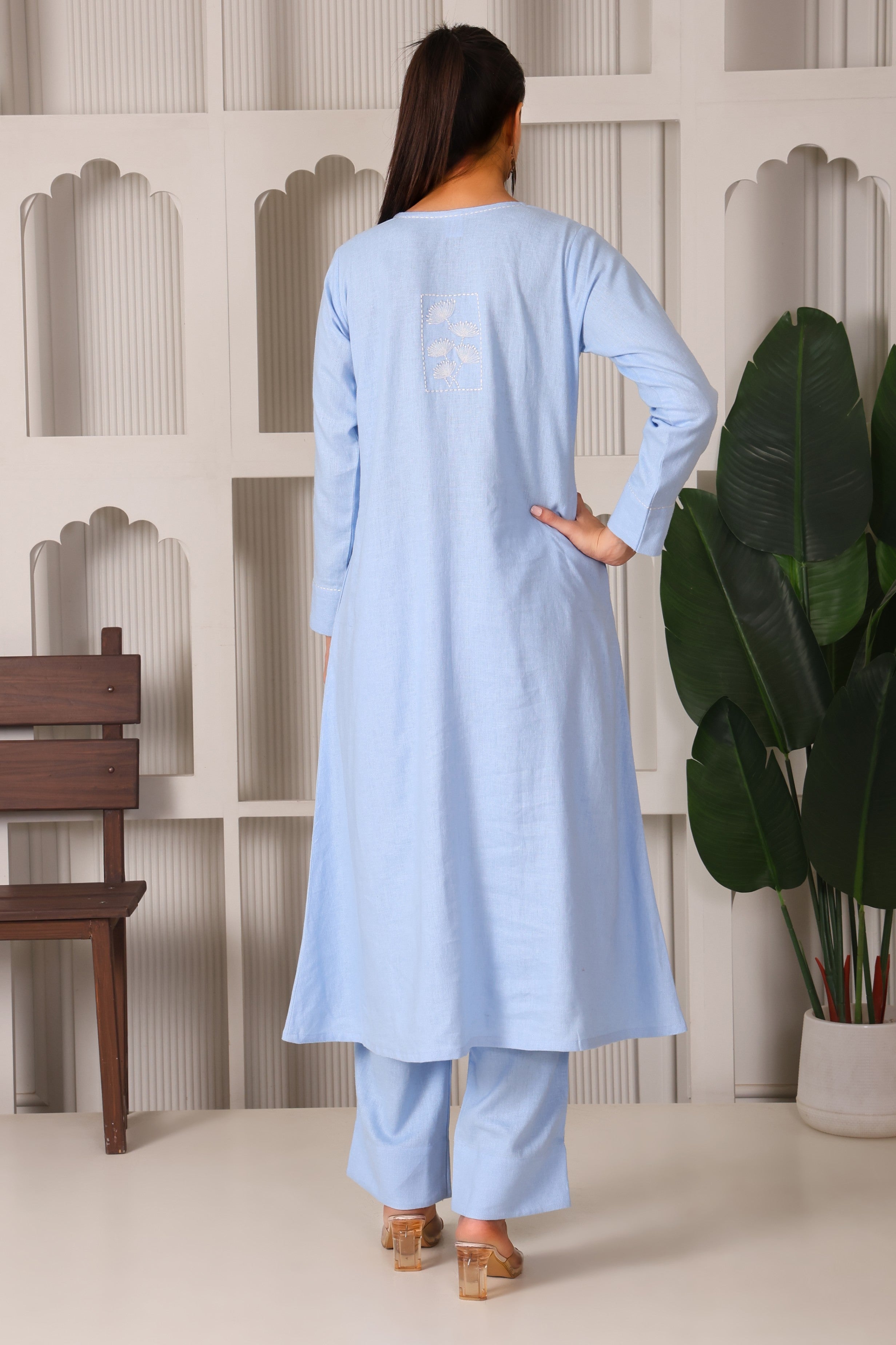 Linen A-Line Kurta Set with Back Embroidery