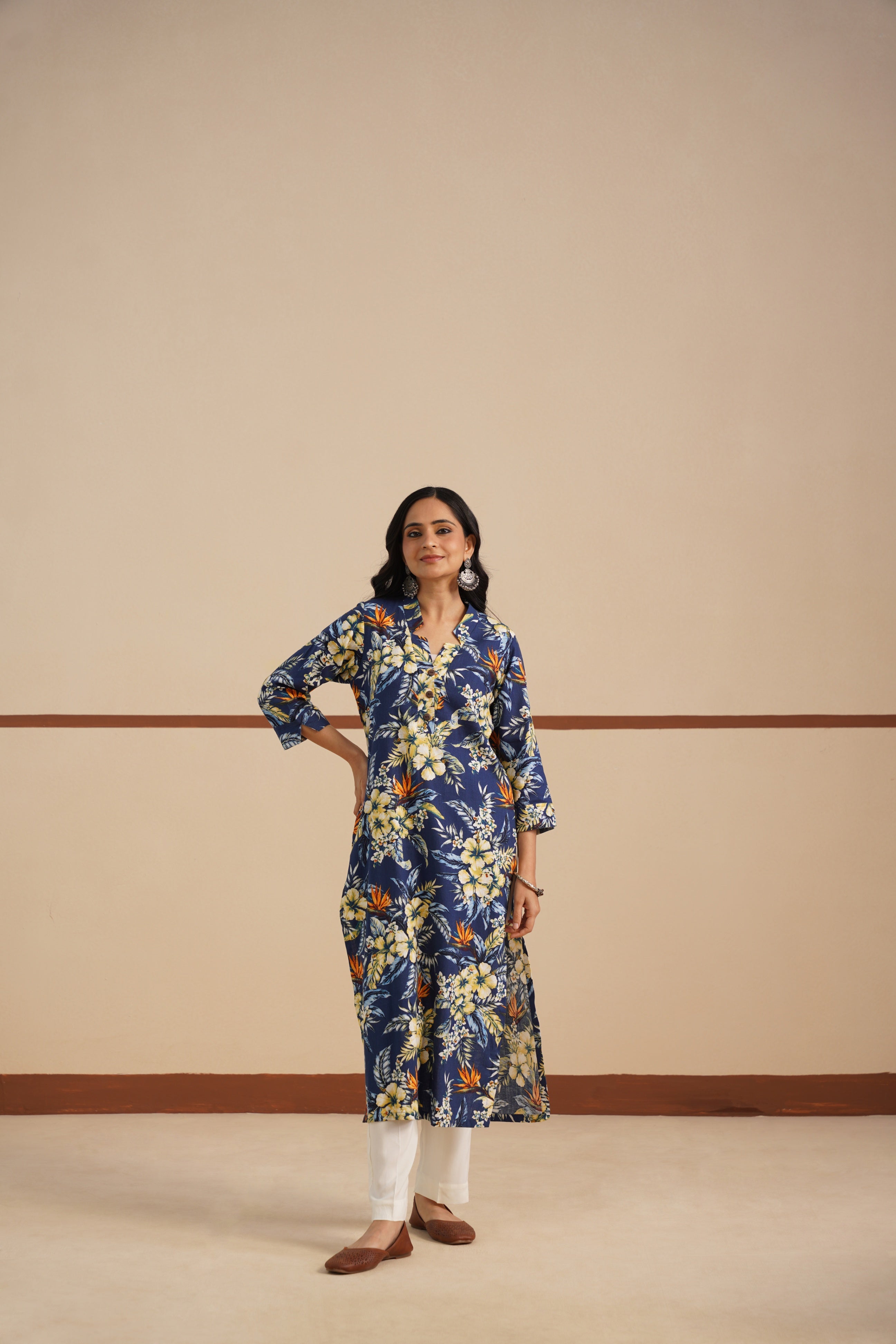 Royal Blue Linen V-Neck A-Line Kurti