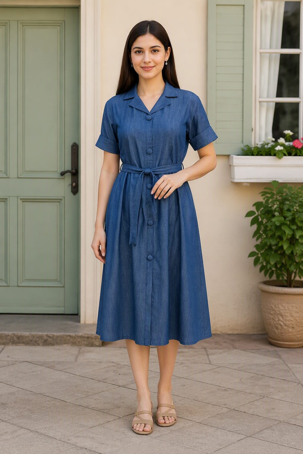 Graceful and Comfortable Denim Midi with Belt Style